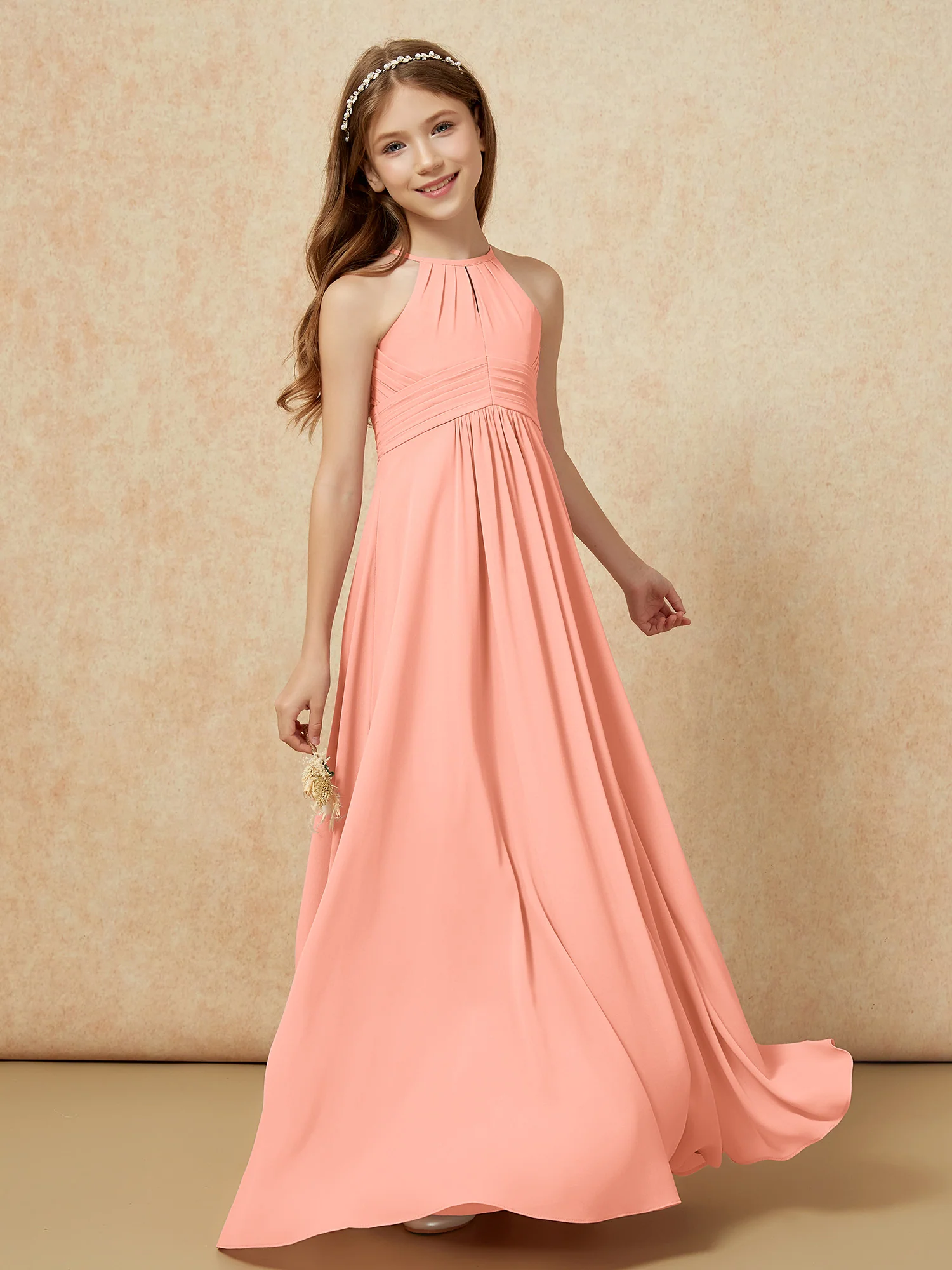 Simple Sleeveless Empire Long Junior Bridesmaid Dress Papaya - Image 3