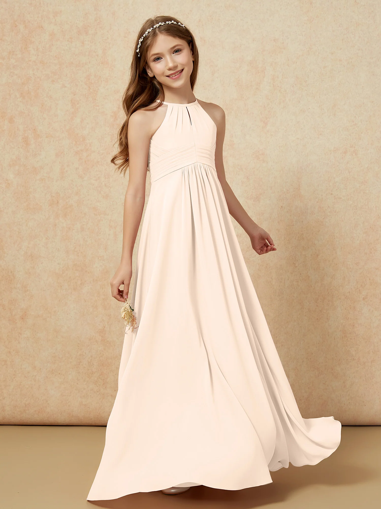 Simple Sleeveless Empire Long Junior Bridesmaid Dress Peach - Image 3