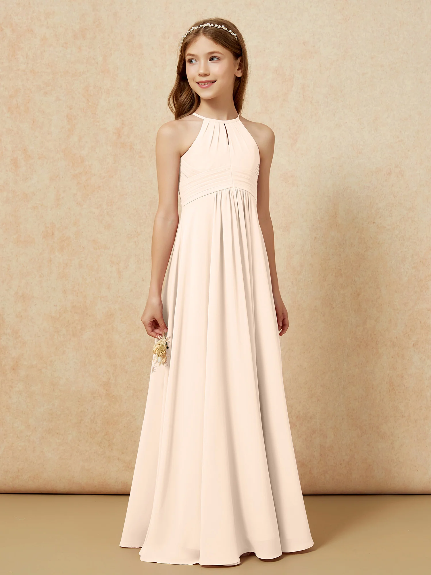 Simple Sleeveless Empire Long Junior Bridesmaid Dress Peach - Image 4