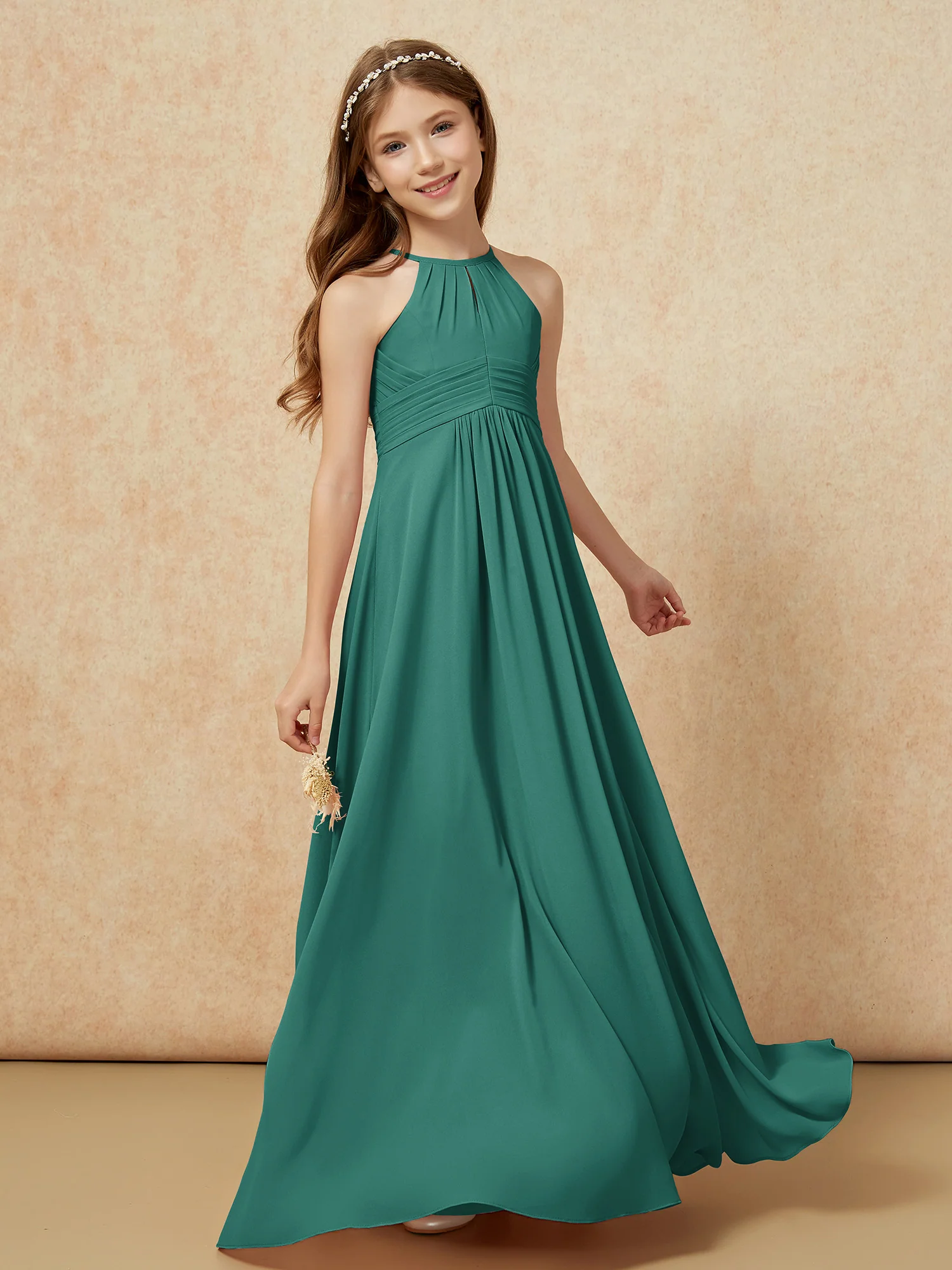 Simple Sleeveless Empire Long Junior Bridesmaid Dress Peacock - Image 3