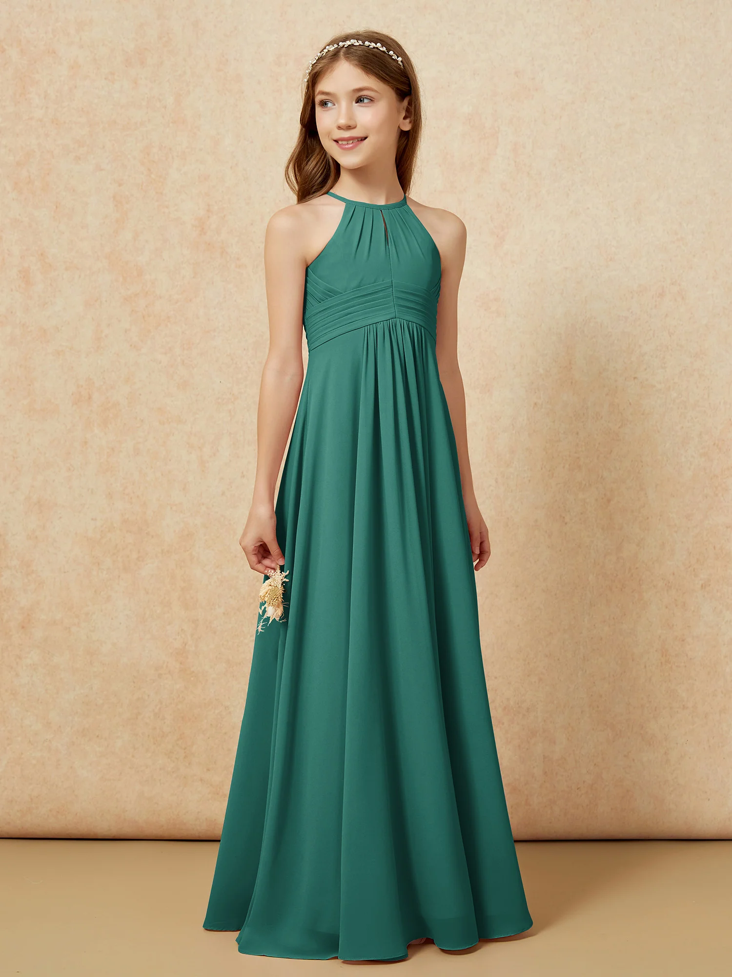 Simple Sleeveless Empire Long Junior Bridesmaid Dress Peacock - Image 4