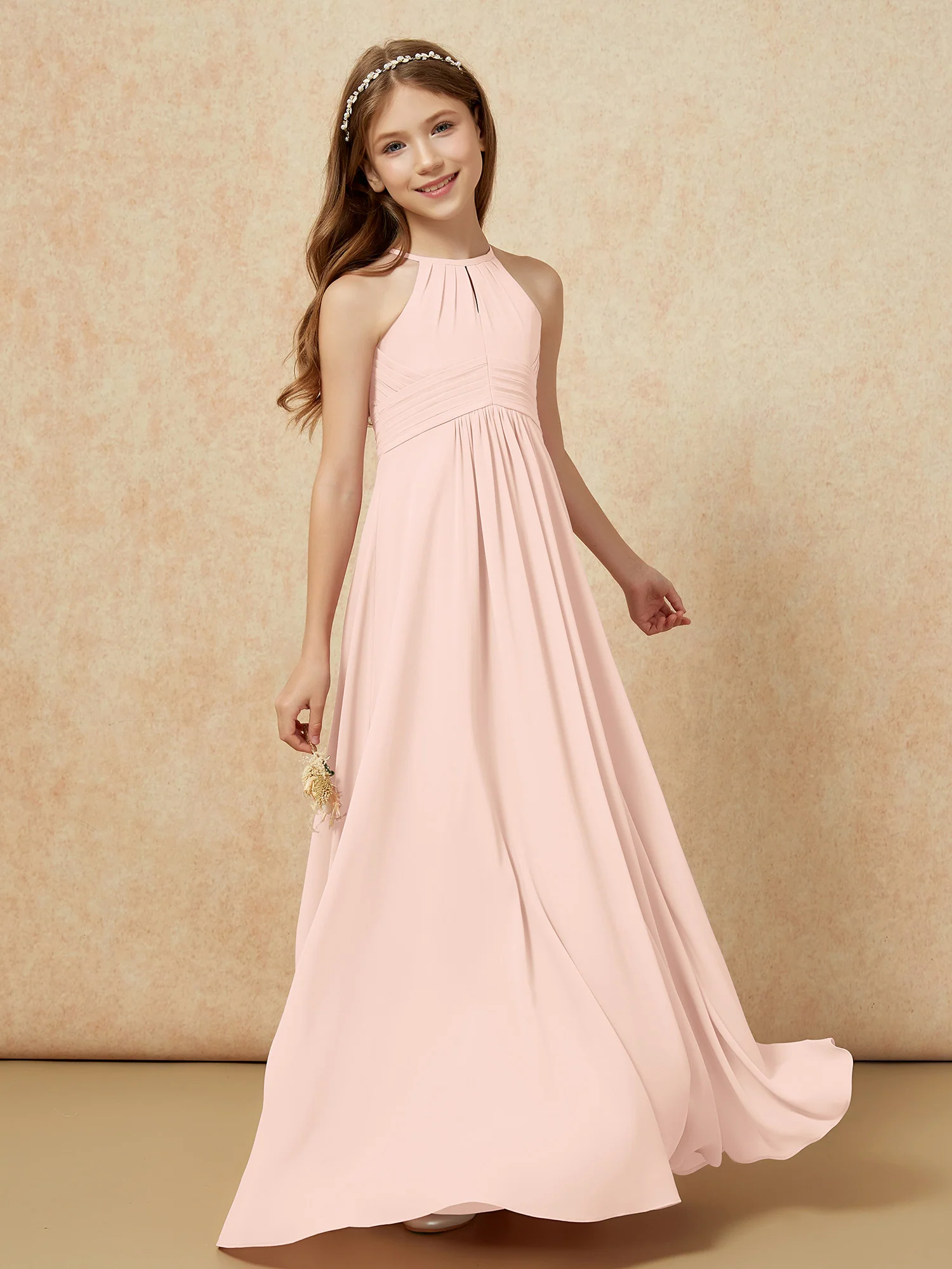 Simple Sleeveless Empire Long Junior Bridesmaid Dress Pearl Pink - Image 3