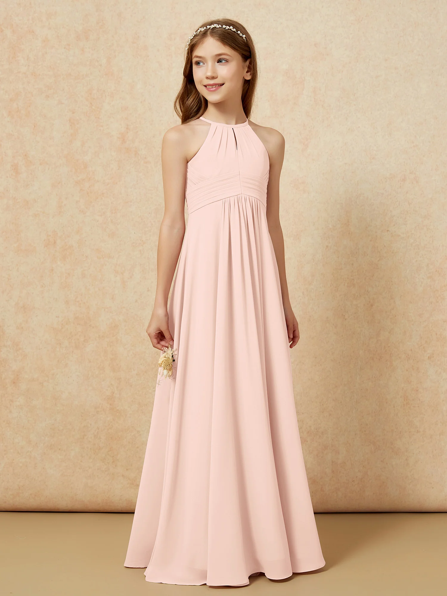Simple Sleeveless Empire Long Junior Bridesmaid Dress Pearl Pink - Image 4