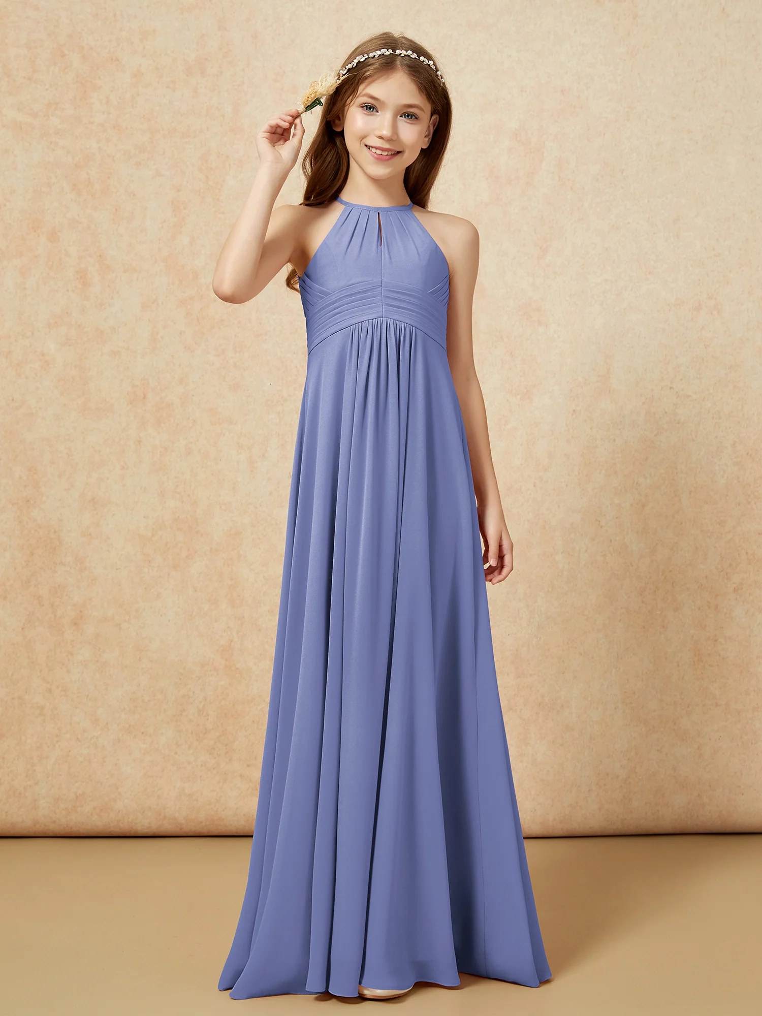 Simple Sleeveless Empire Long Junior Bridesmaid Dress Periwinkle