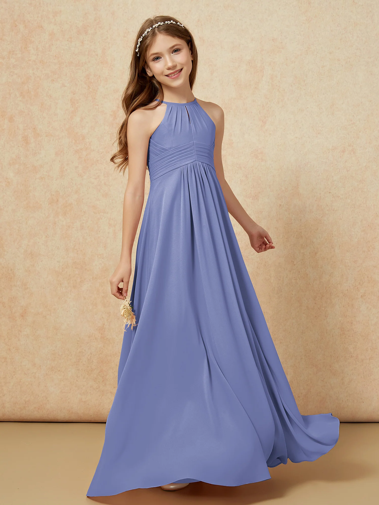 Simple Sleeveless Empire Long Junior Bridesmaid Dress Periwinkle - Image 3