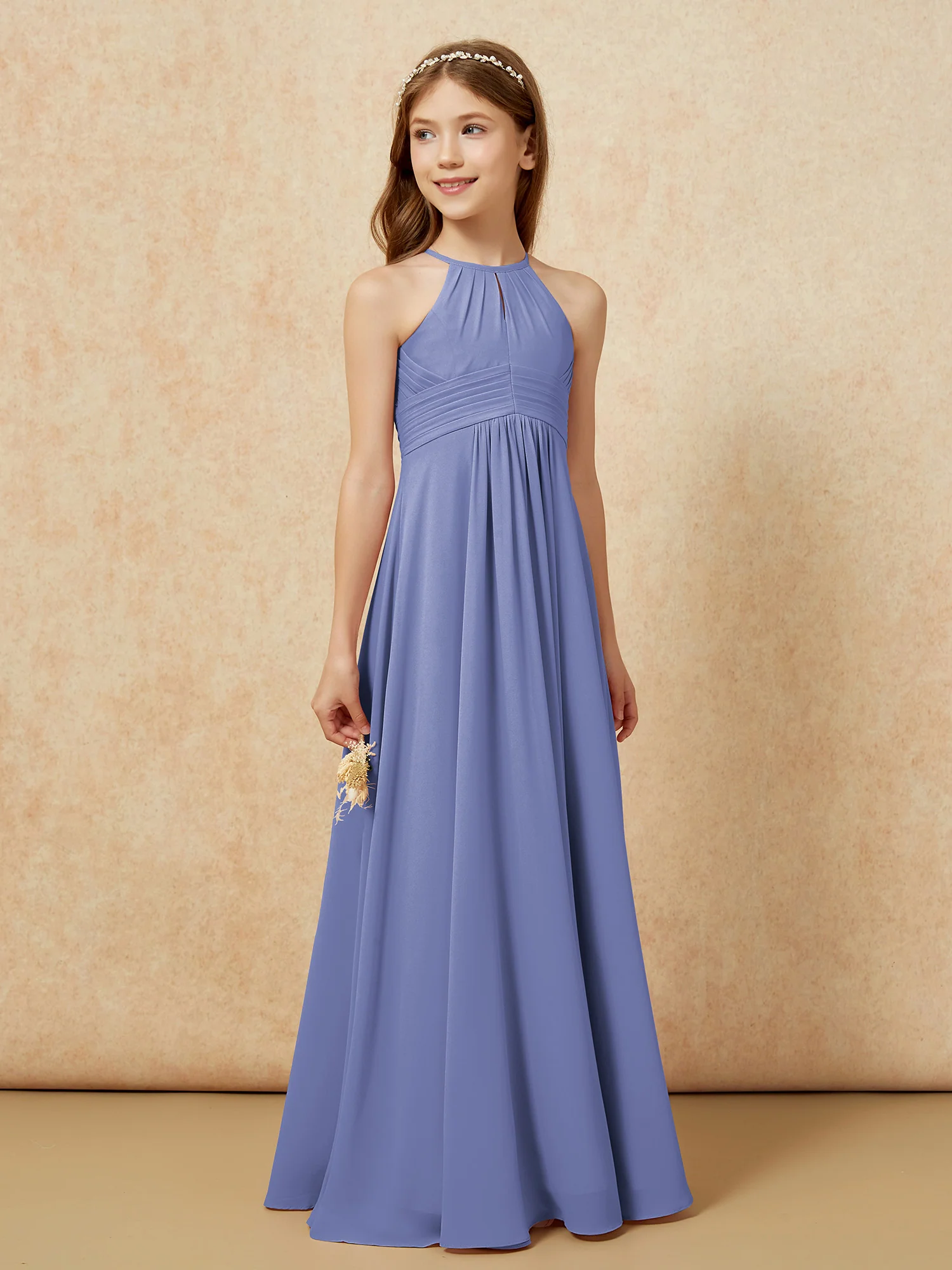 Simple Sleeveless Empire Long Junior Bridesmaid Dress Periwinkle - Image 4