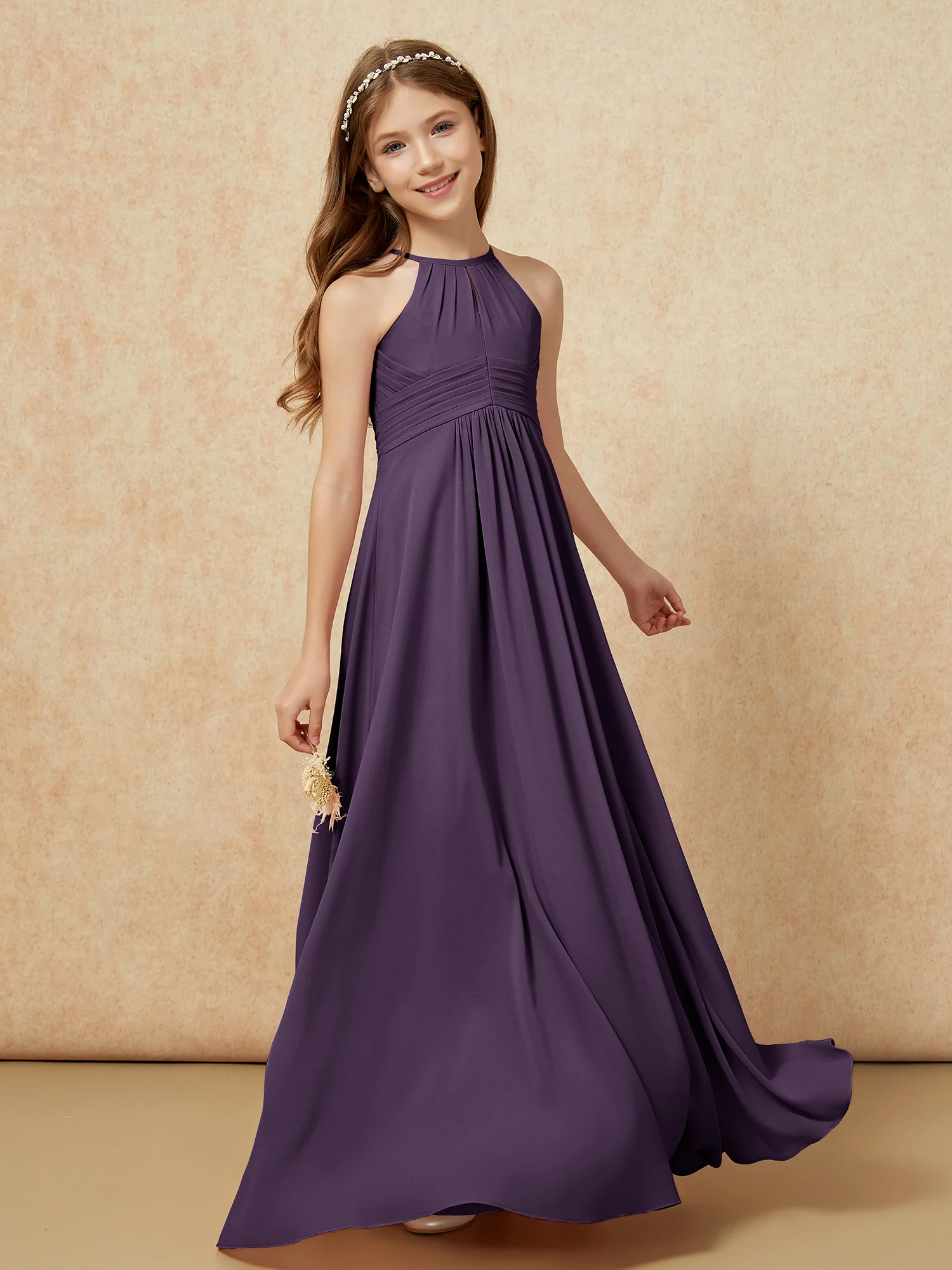 Simple Sleeveless Empire Long Junior Bridesmaid Dress Plum - Image 3