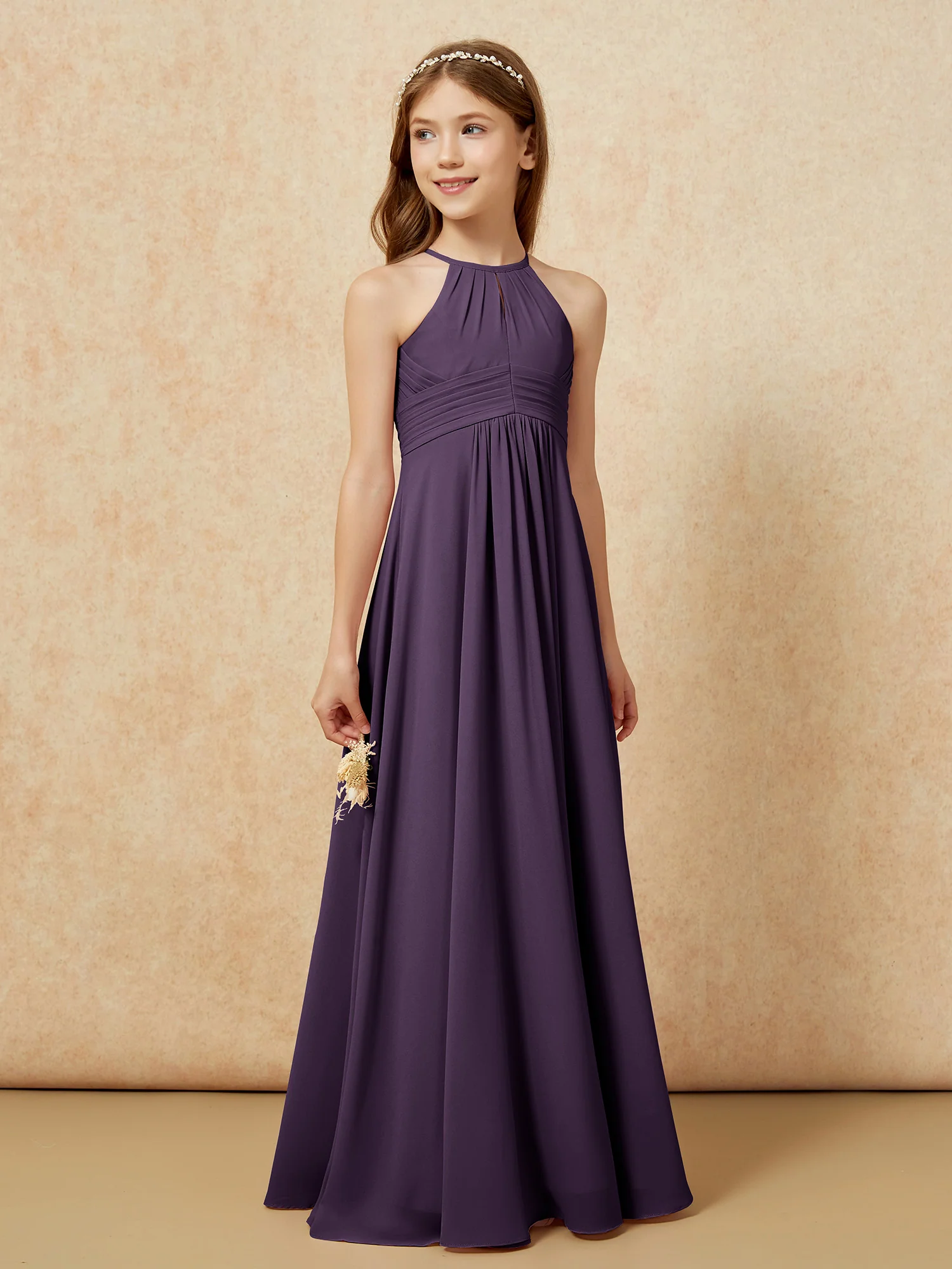 Simple Sleeveless Empire Long Junior Bridesmaid Dress Plum - Image 4