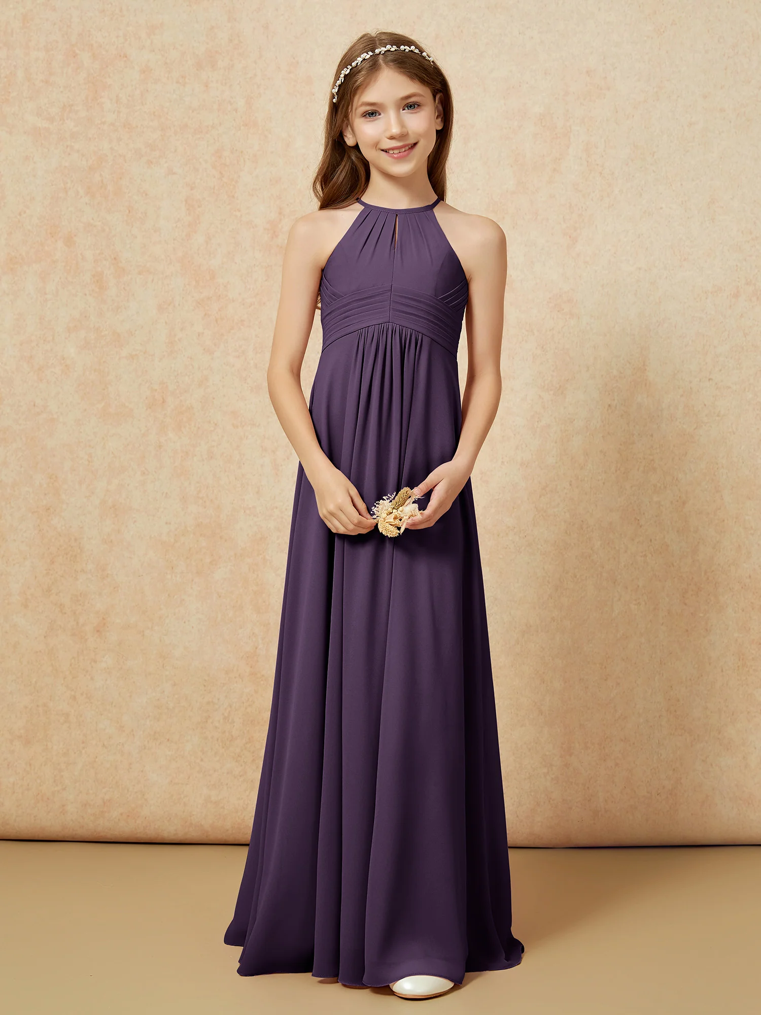 Simple Sleeveless Empire Long Junior Bridesmaid Dress Plum - Image 5