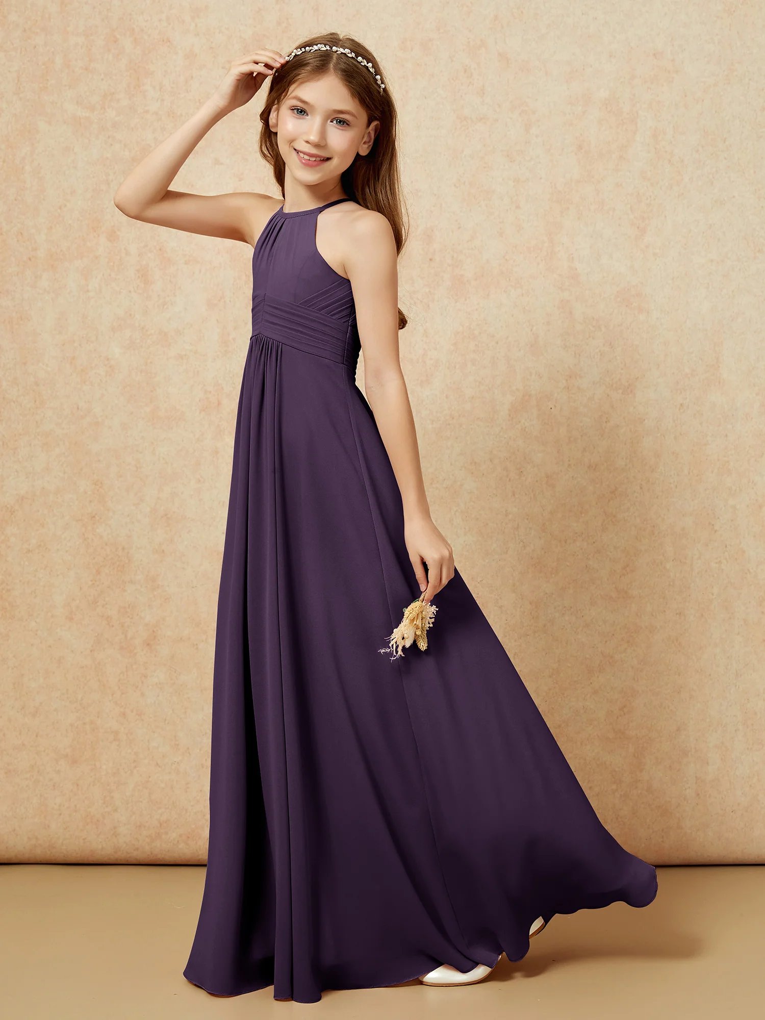 Simple Sleeveless Empire Long Junior Bridesmaid Dress Plum - Image 6