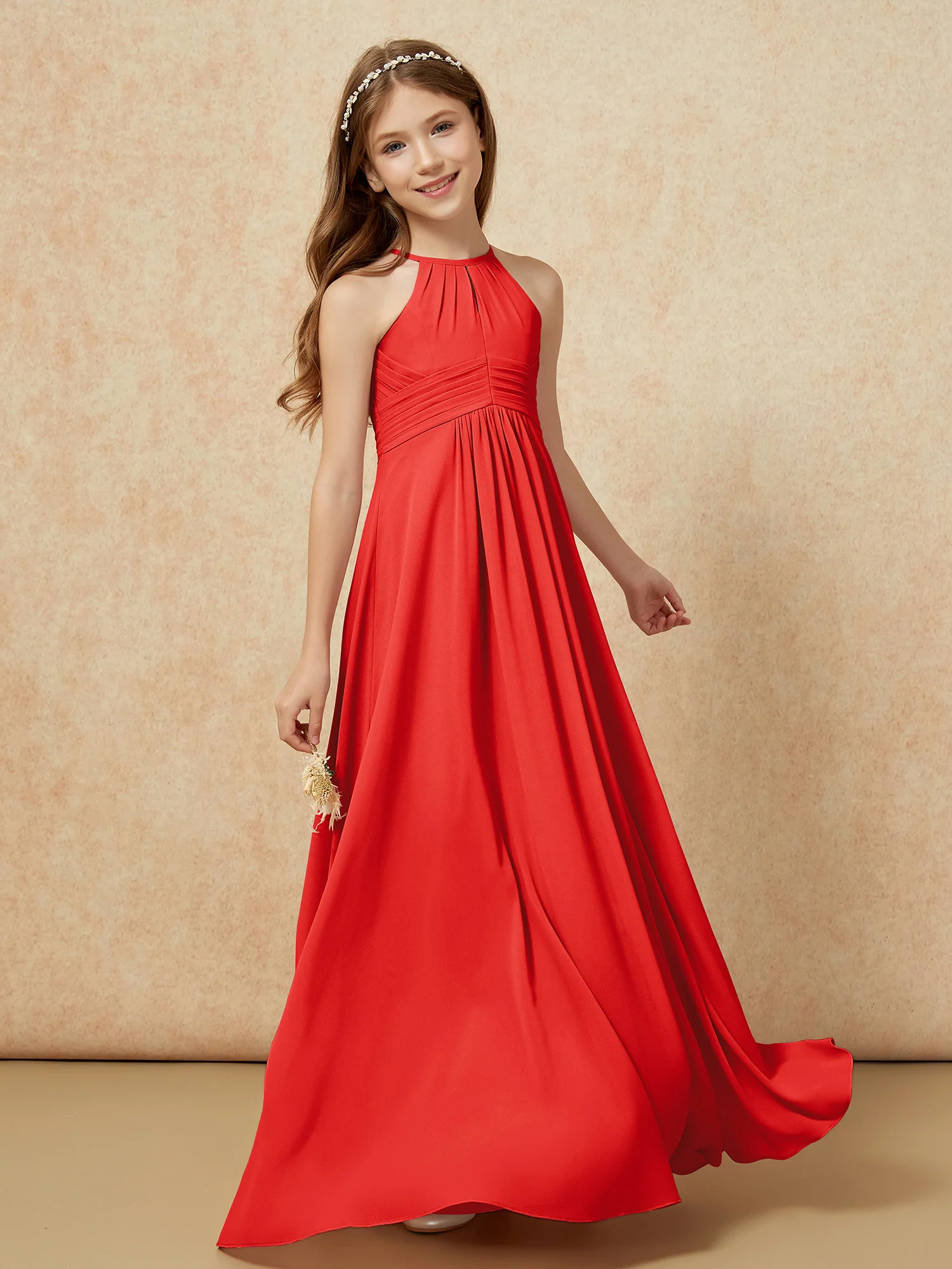 Simple Sleeveless Empire Long Junior Bridesmaid Dress Red - Image 3
