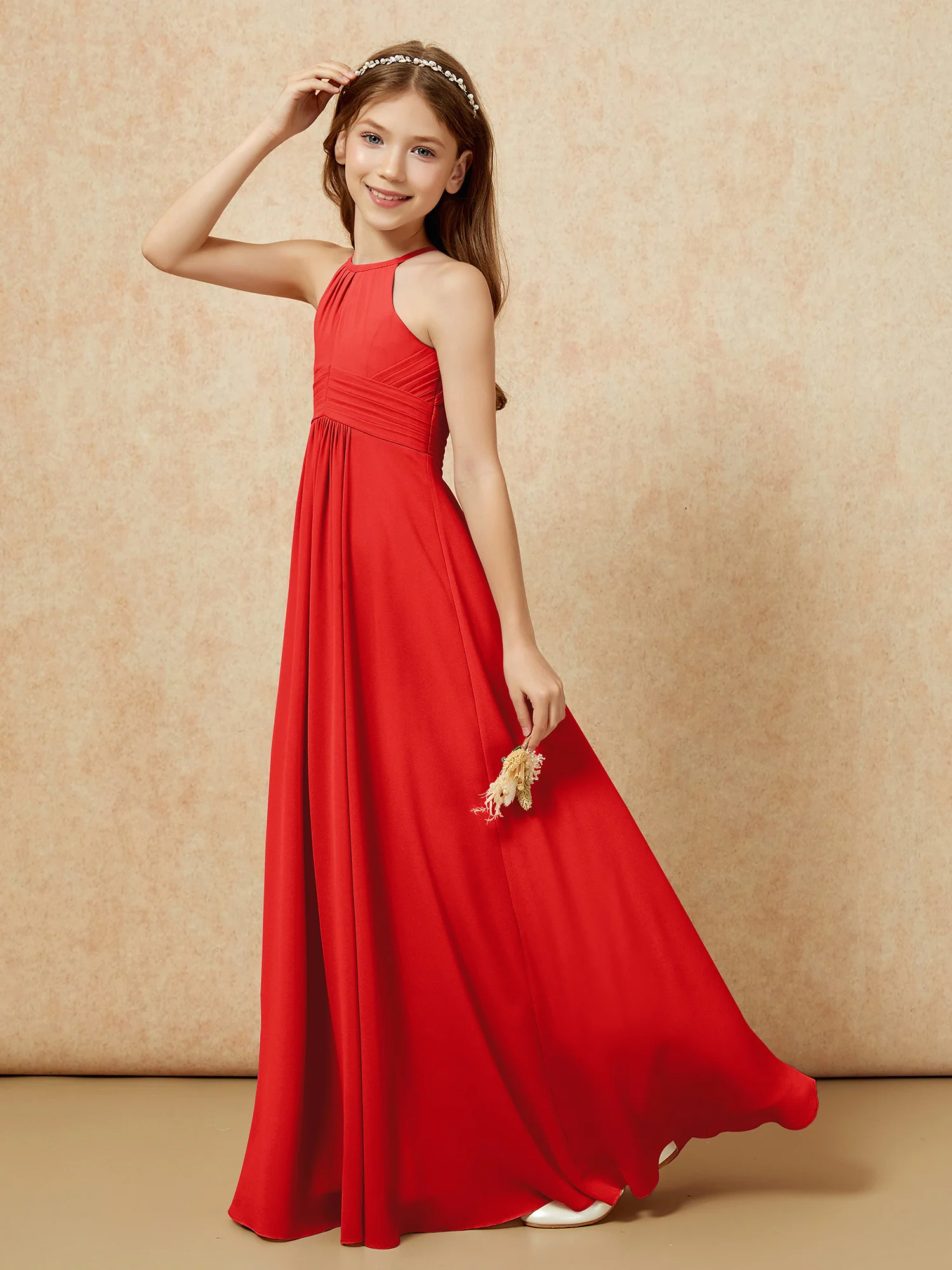 Simple Sleeveless Empire Long Junior Bridesmaid Dress Red - Image 6