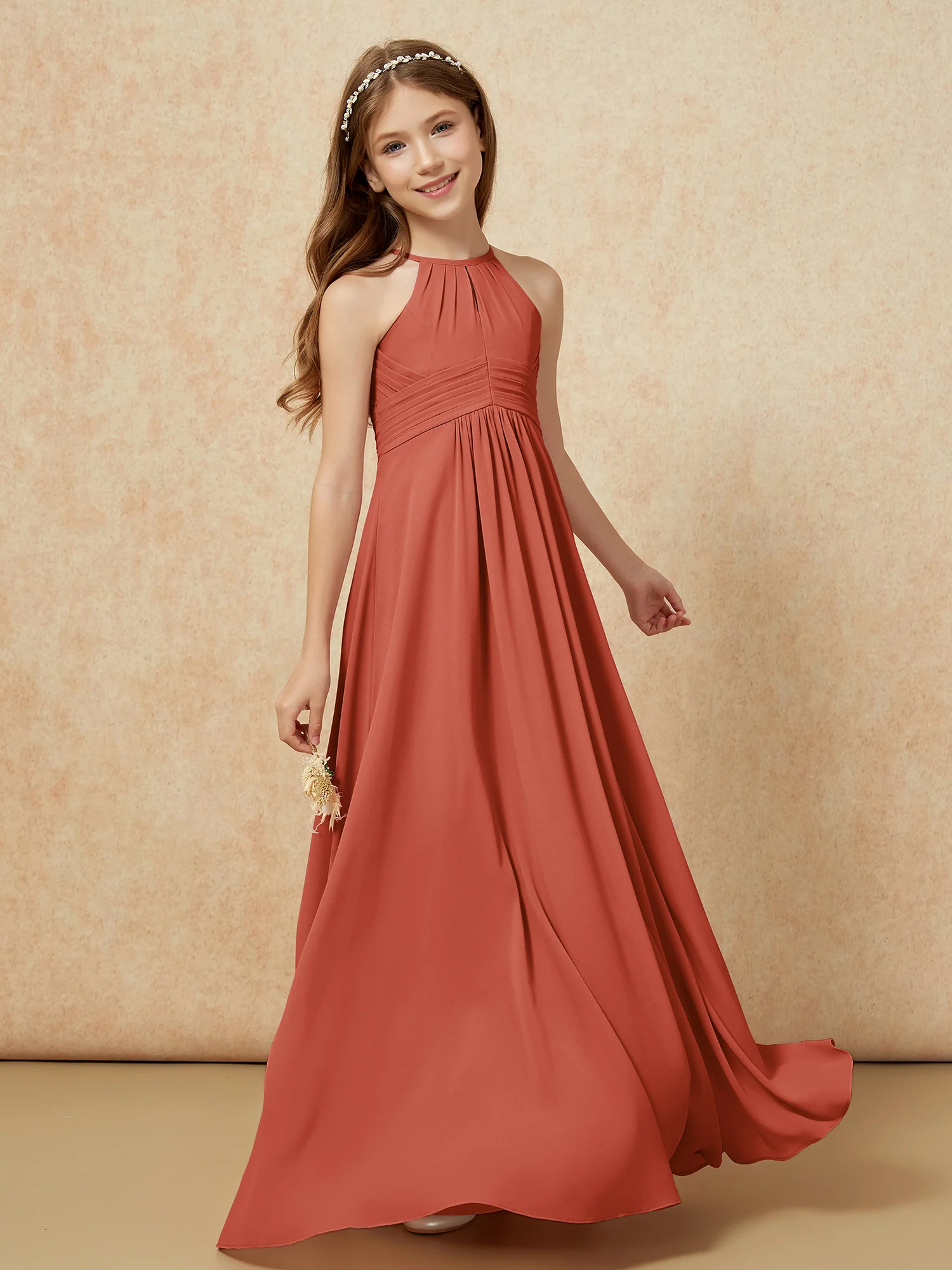 Simple Sleeveless Empire Long Junior Bridesmaid Dress Rust - Image 3