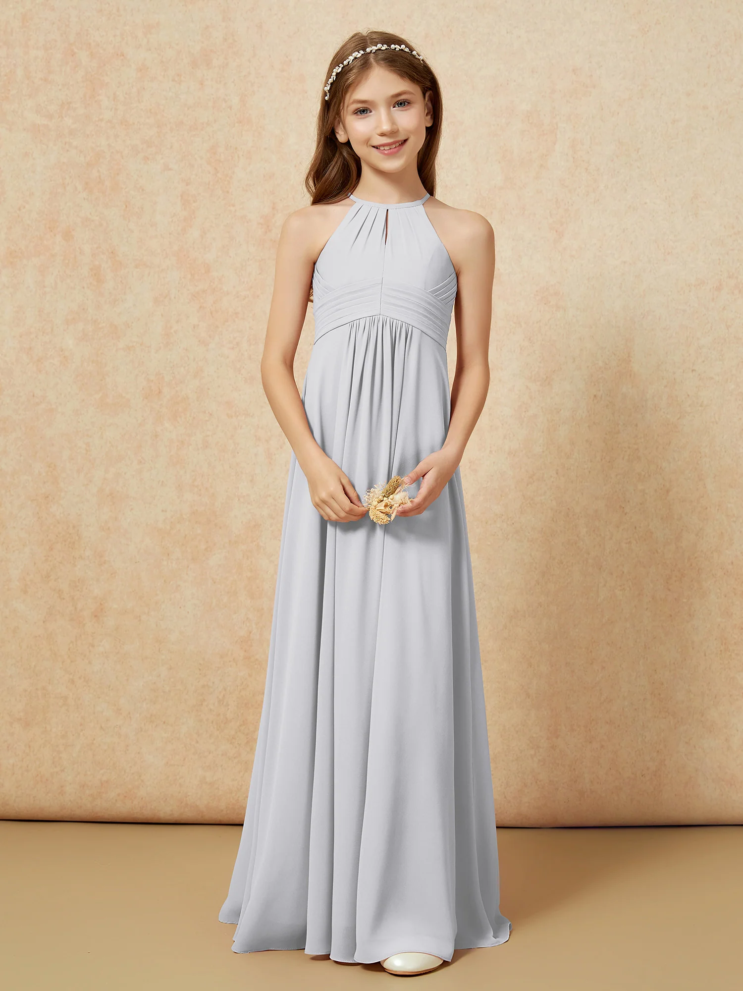 Simple Sleeveless Empire Long Junior Bridesmaid Dress Silver - Image 5