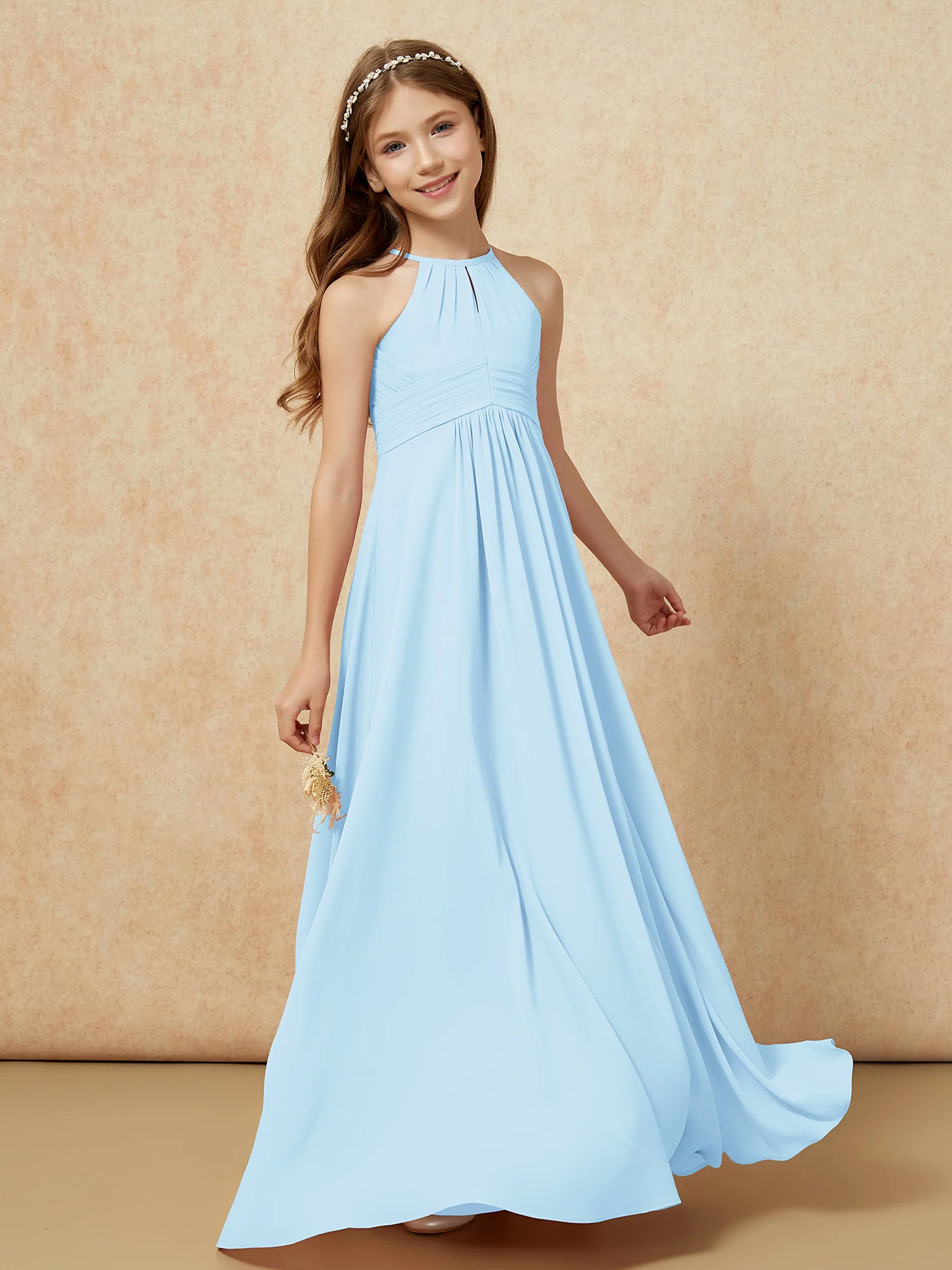 Simple Sleeveless Empire Long Junior Bridesmaid Dress Sky Blue - Image 3
