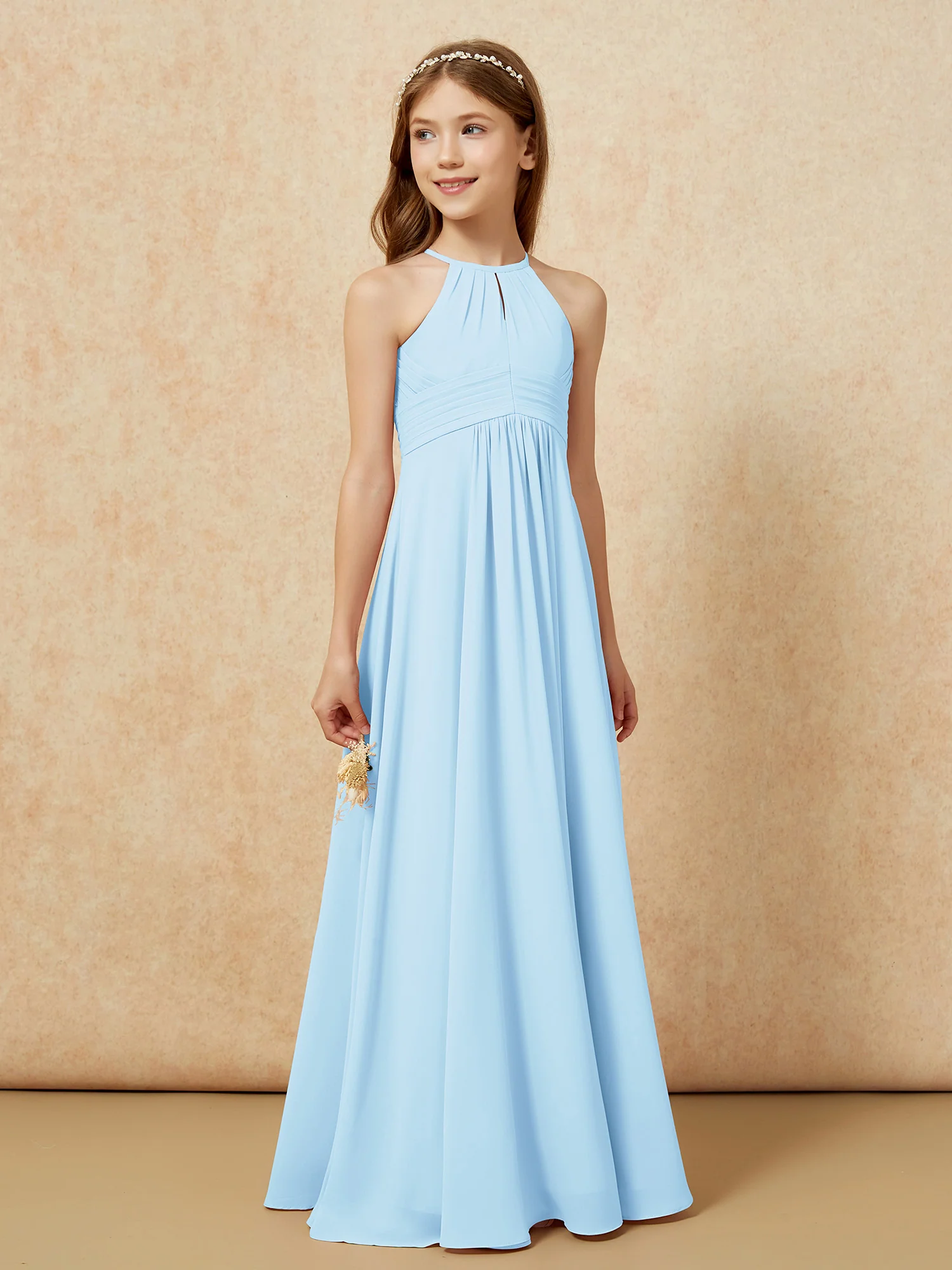 Simple Sleeveless Empire Long Junior Bridesmaid Dress Sky Blue - Image 4