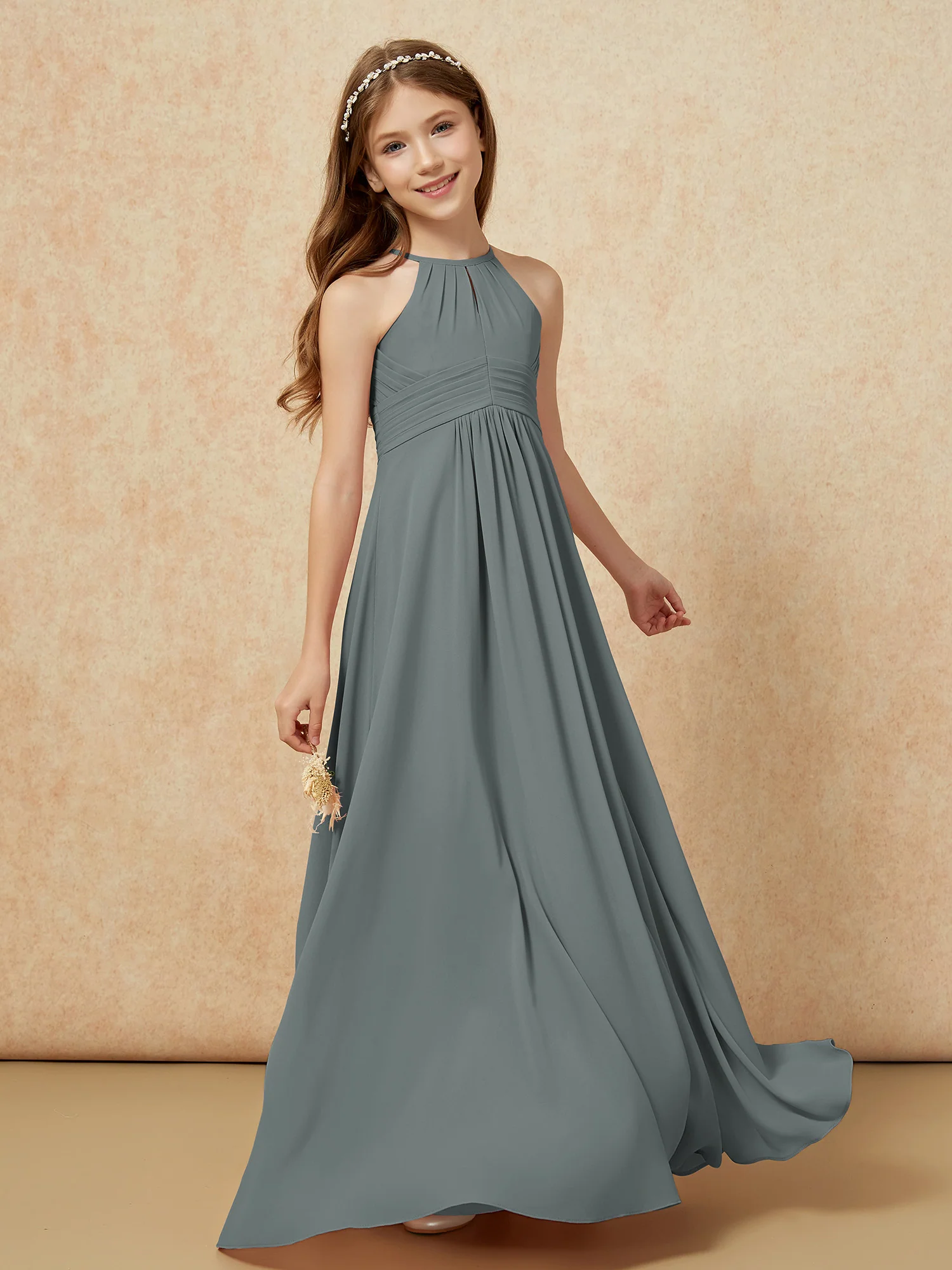 Simple Sleeveless Empire Long Junior Bridesmaid Dress Steel Grey - Image 3