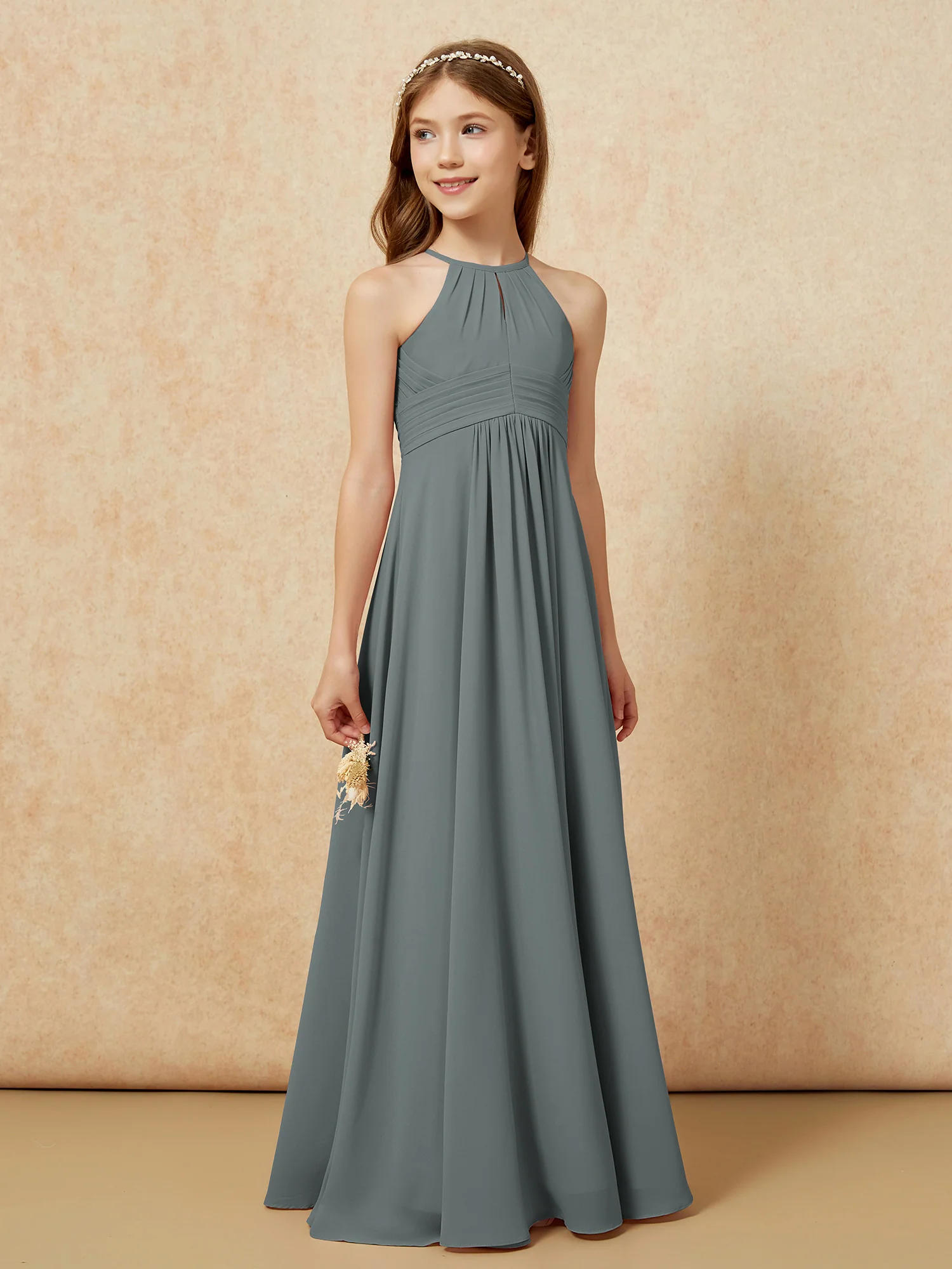 Simple Sleeveless Empire Long Junior Bridesmaid Dress Steel Grey - Image 4