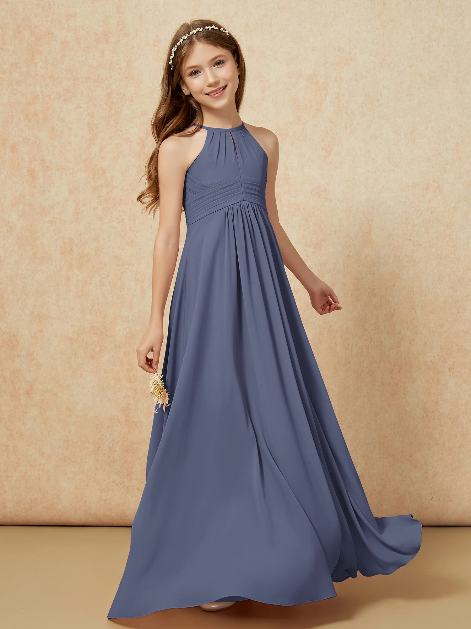 Simple Sleeveless Empire Long Junior Bridesmaid Dress Stormy - Image 3