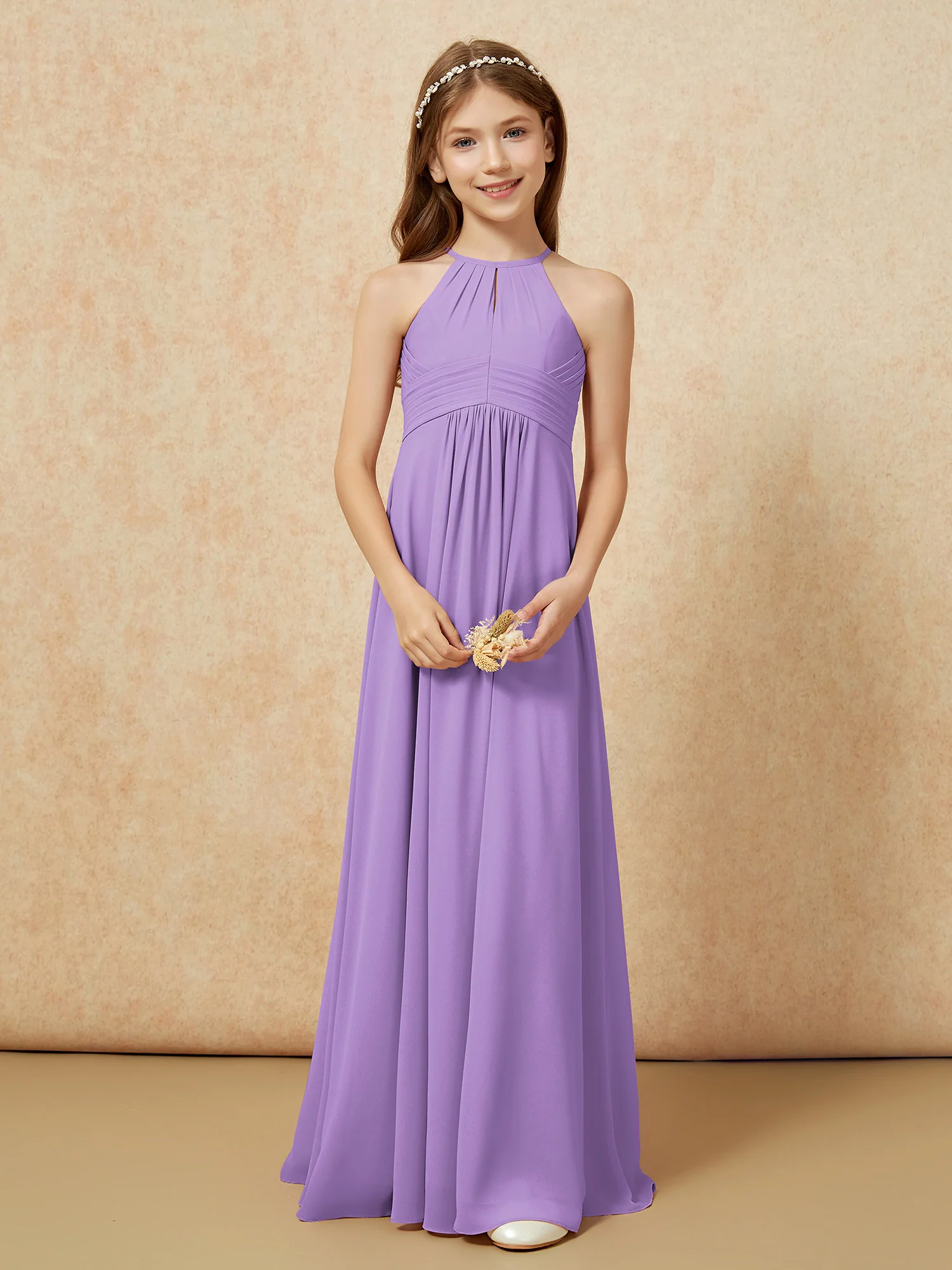 Simple Sleeveless Empire Long Junior Bridesmaid Dress Tahiti - Image 5