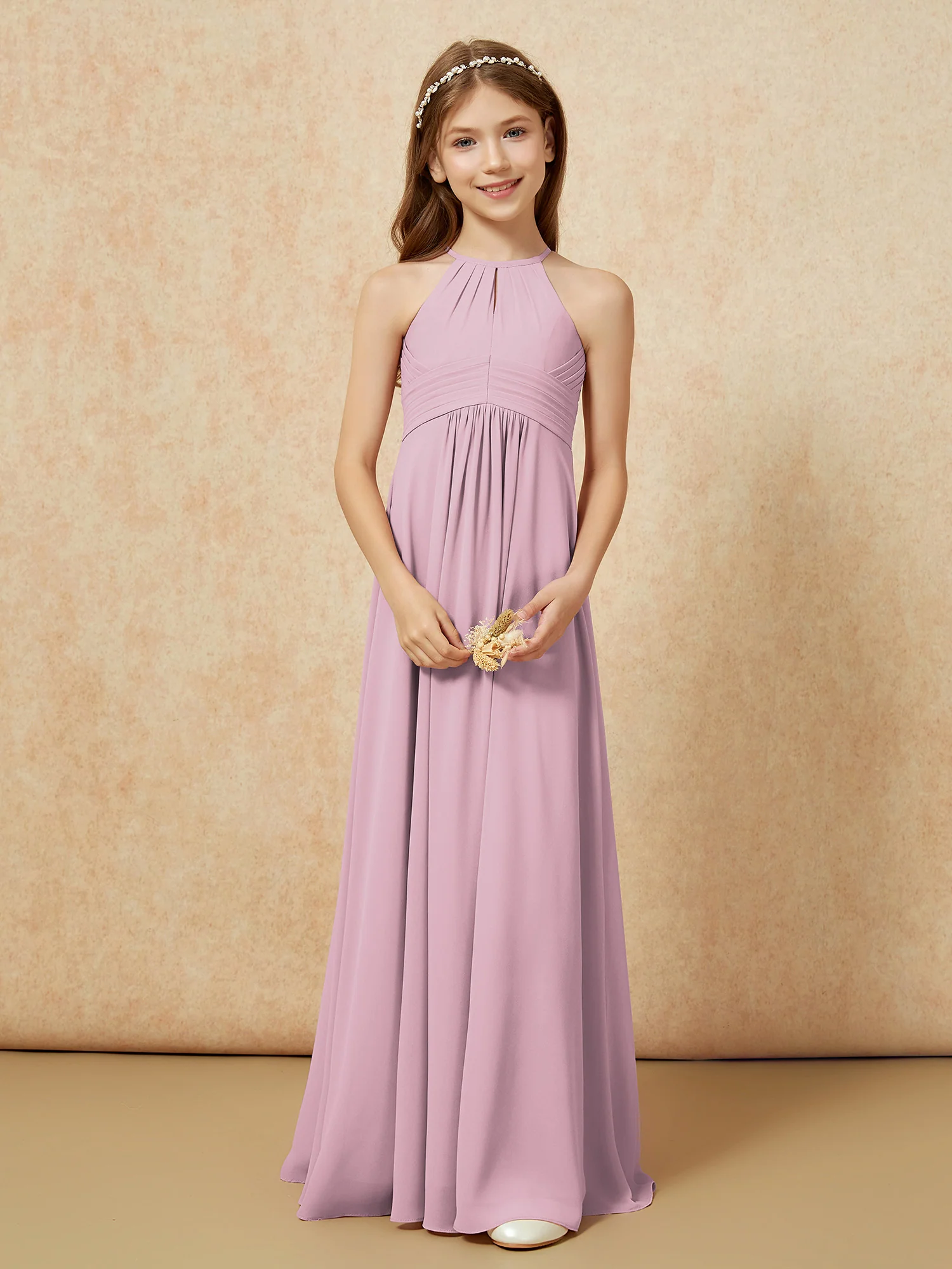 Simple Sleeveless Empire Long Junior Bridesmaid Dress Vintage Mauve - Image 5