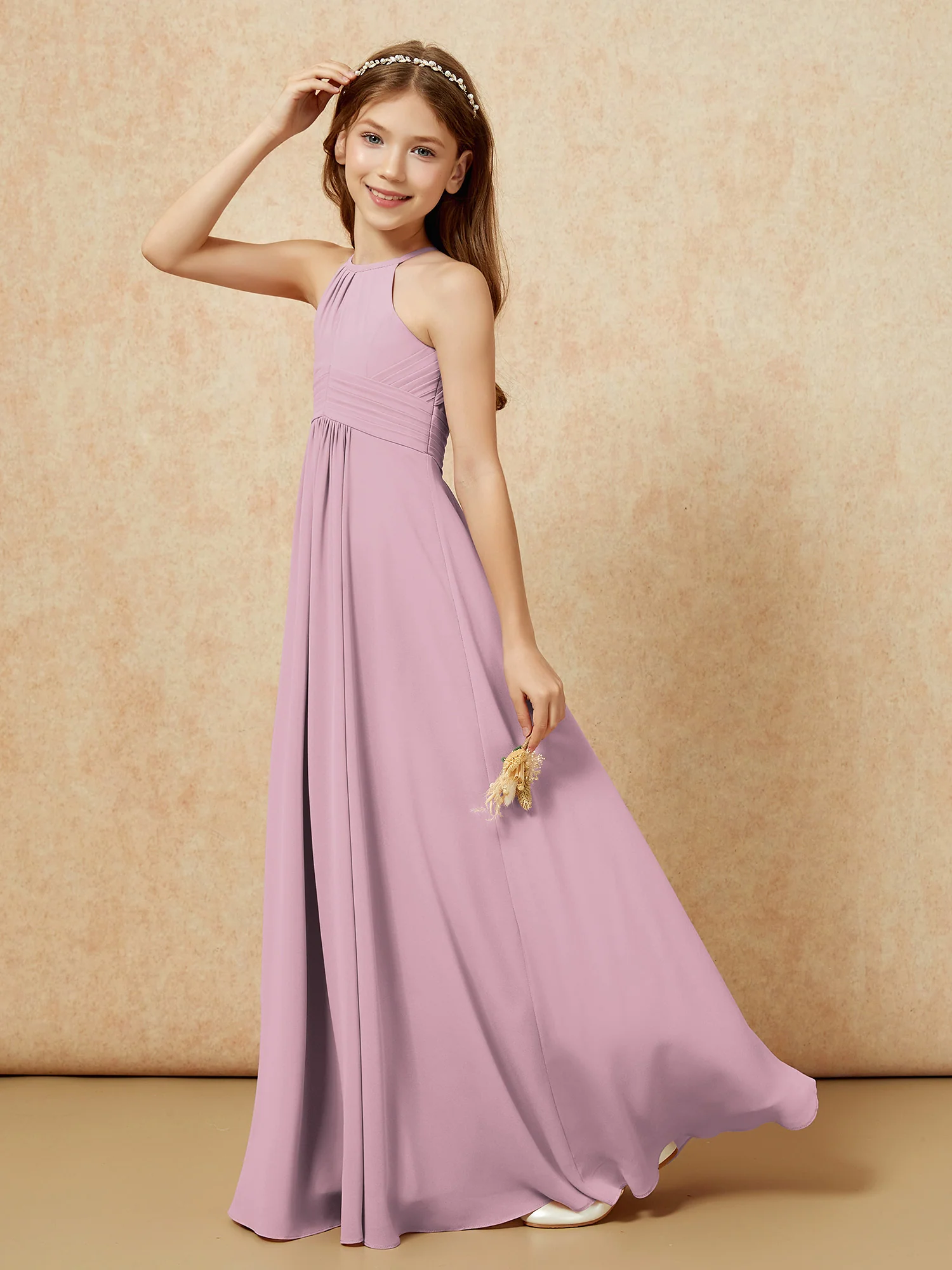 Simple Sleeveless Empire Long Junior Bridesmaid Dress Vintage Mauve - Image 6