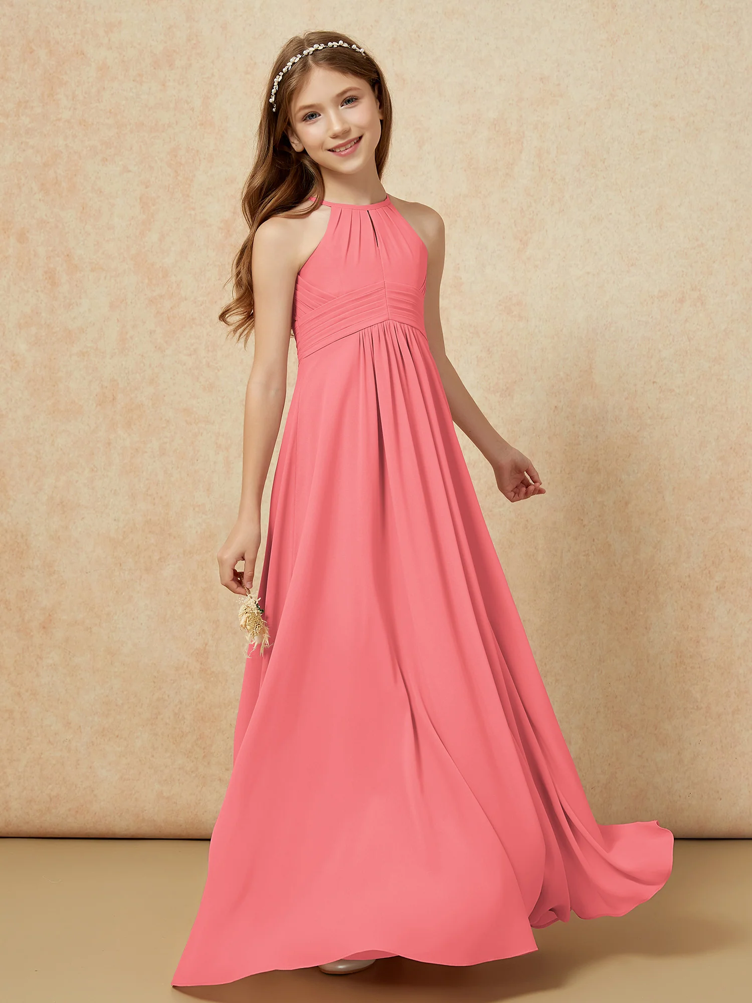 Simple Sleeveless Empire Long Junior Bridesmaid Dress Watermelon - Image 3