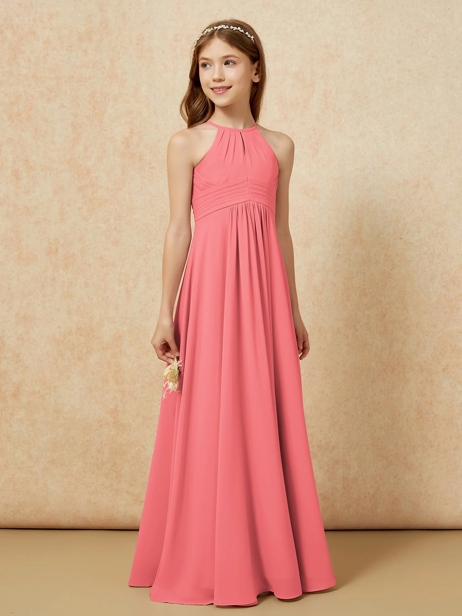 Simple Sleeveless Empire Long Junior Bridesmaid Dress Watermelon - Image 4