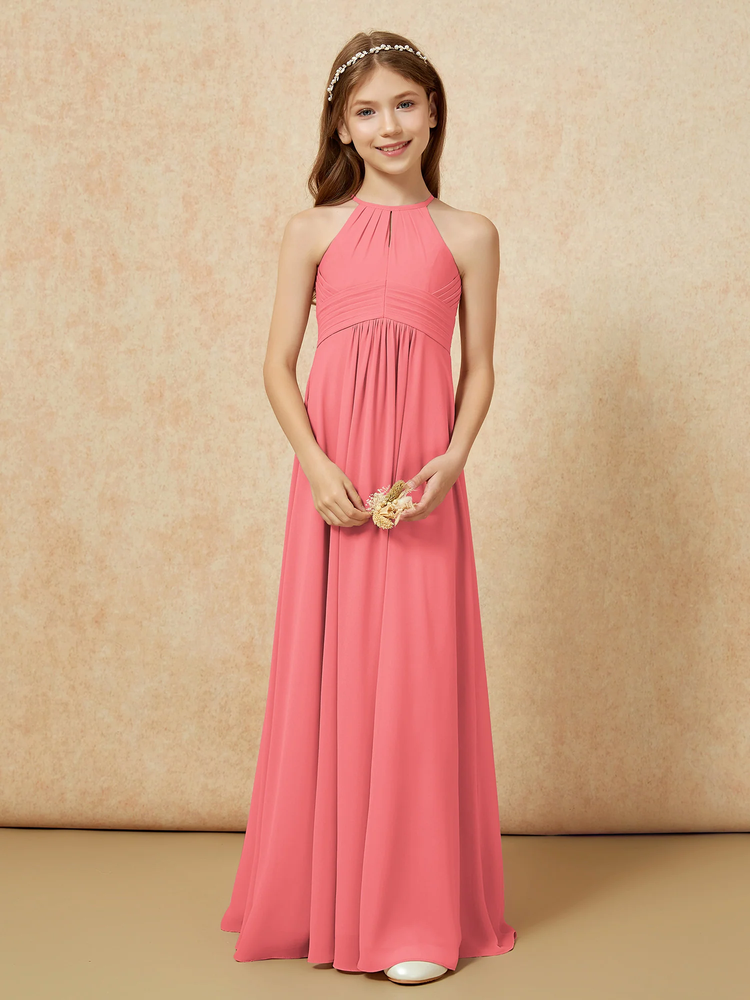 Simple Sleeveless Empire Long Junior Bridesmaid Dress Watermelon - Image 5