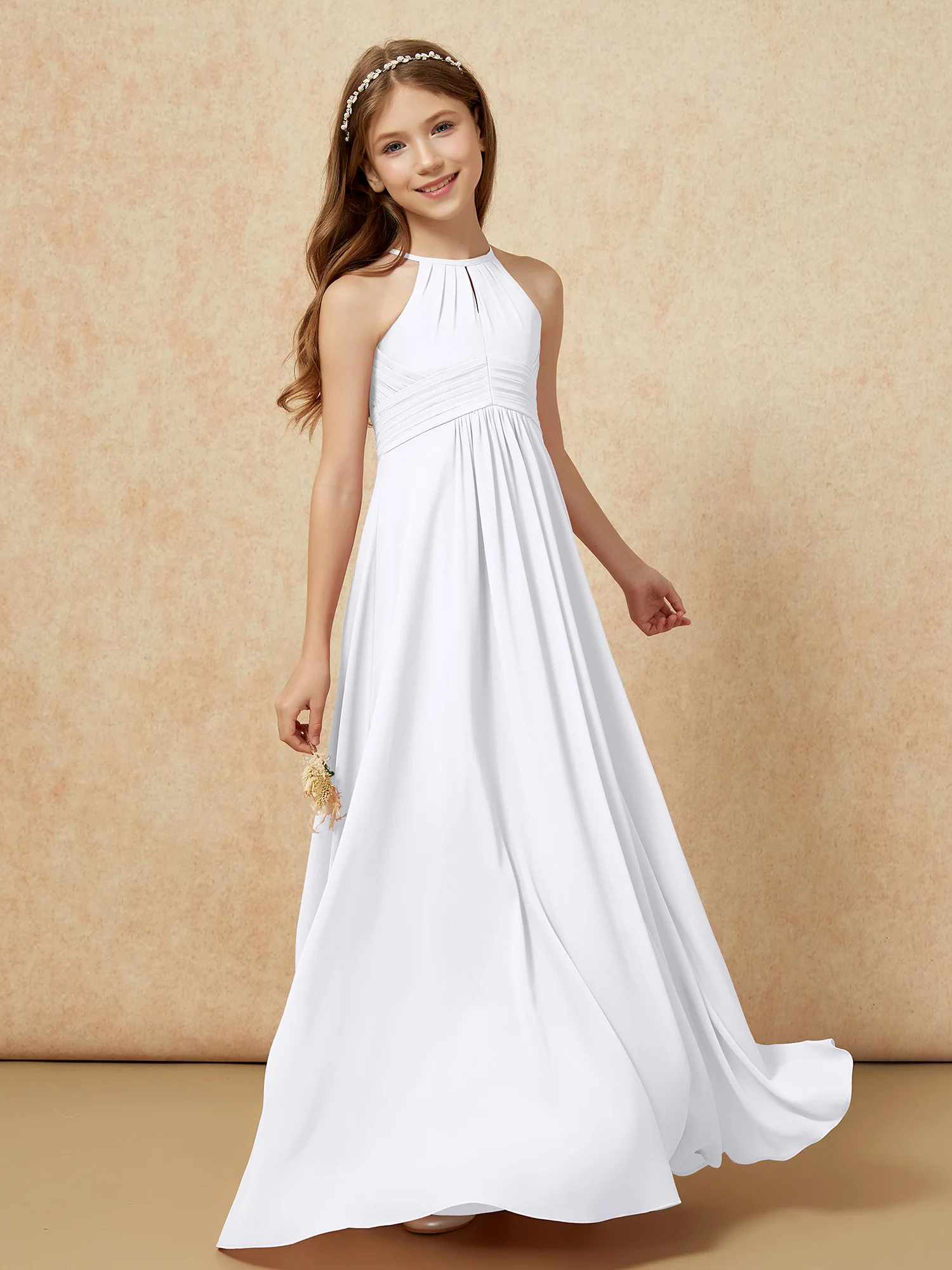 Simple Sleeveless Empire Long Junior Bridesmaid Dress White - Image 3