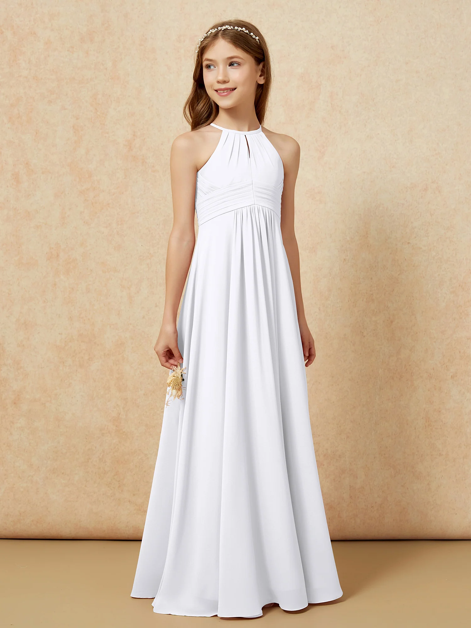 Simple Sleeveless Empire Long Junior Bridesmaid Dress White - Image 4