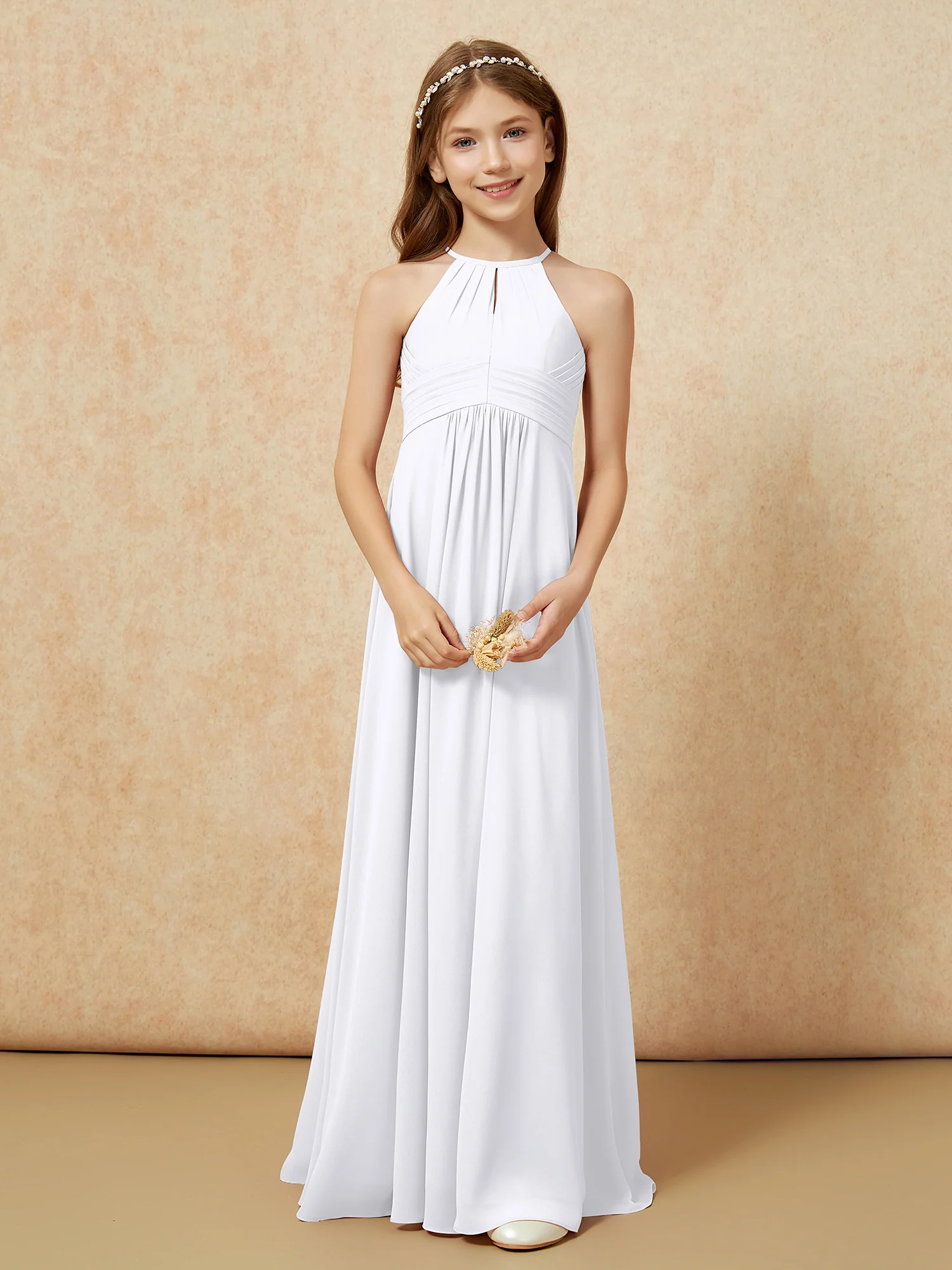 Simple Sleeveless Empire Long Junior Bridesmaid Dress White - Image 5