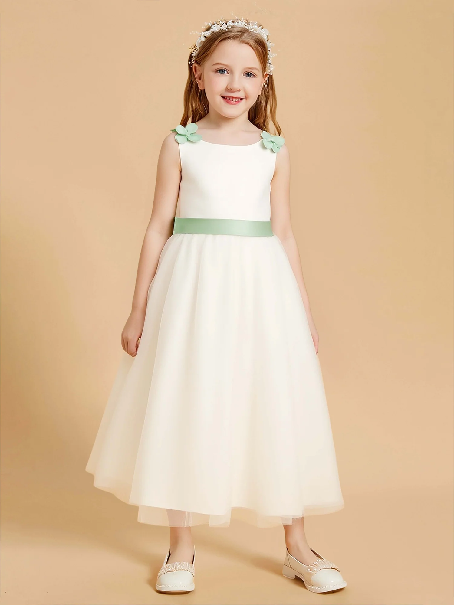 Sleeveless A-Line Tulle Flower Girl Dress With Bow Ivory