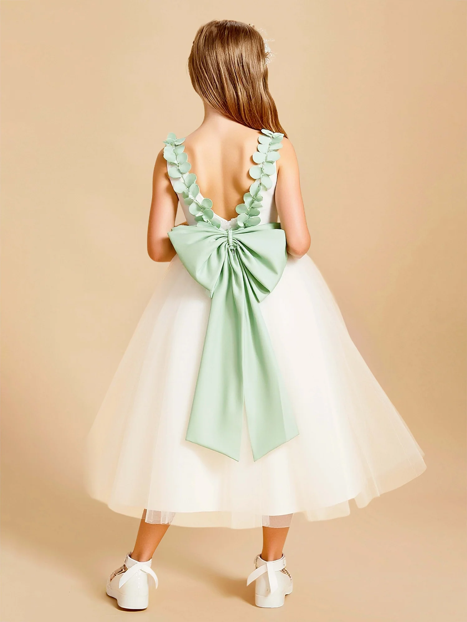 Sleeveless A-Line Tulle Flower Girl Dress With Bow Ivory - Image 2
