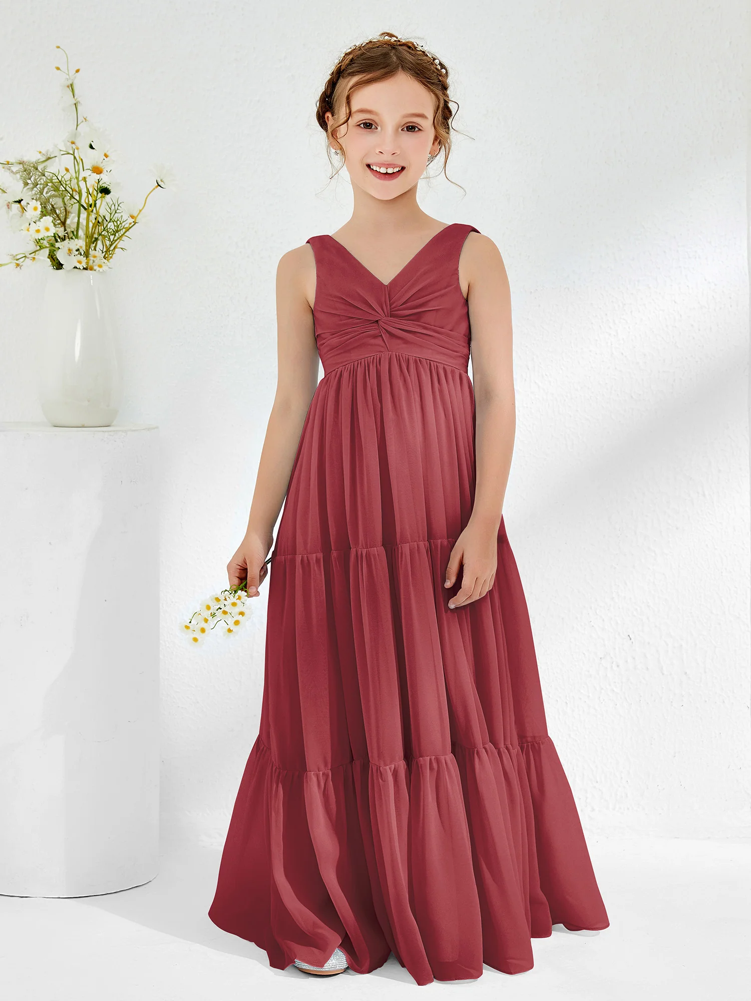 Sleeveless Chiffon Junior Bridesmaid Dresses with Bow Cinnamon Rose