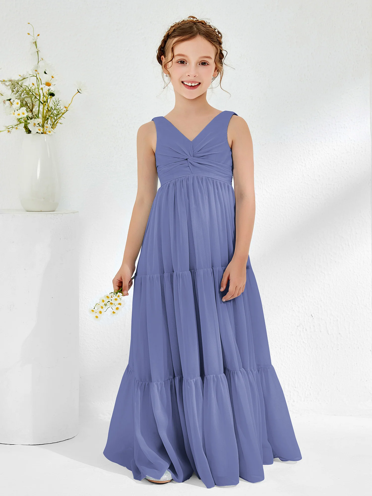 Sleeveless Chiffon Junior Bridesmaid Dresses with Bow Periwinkle