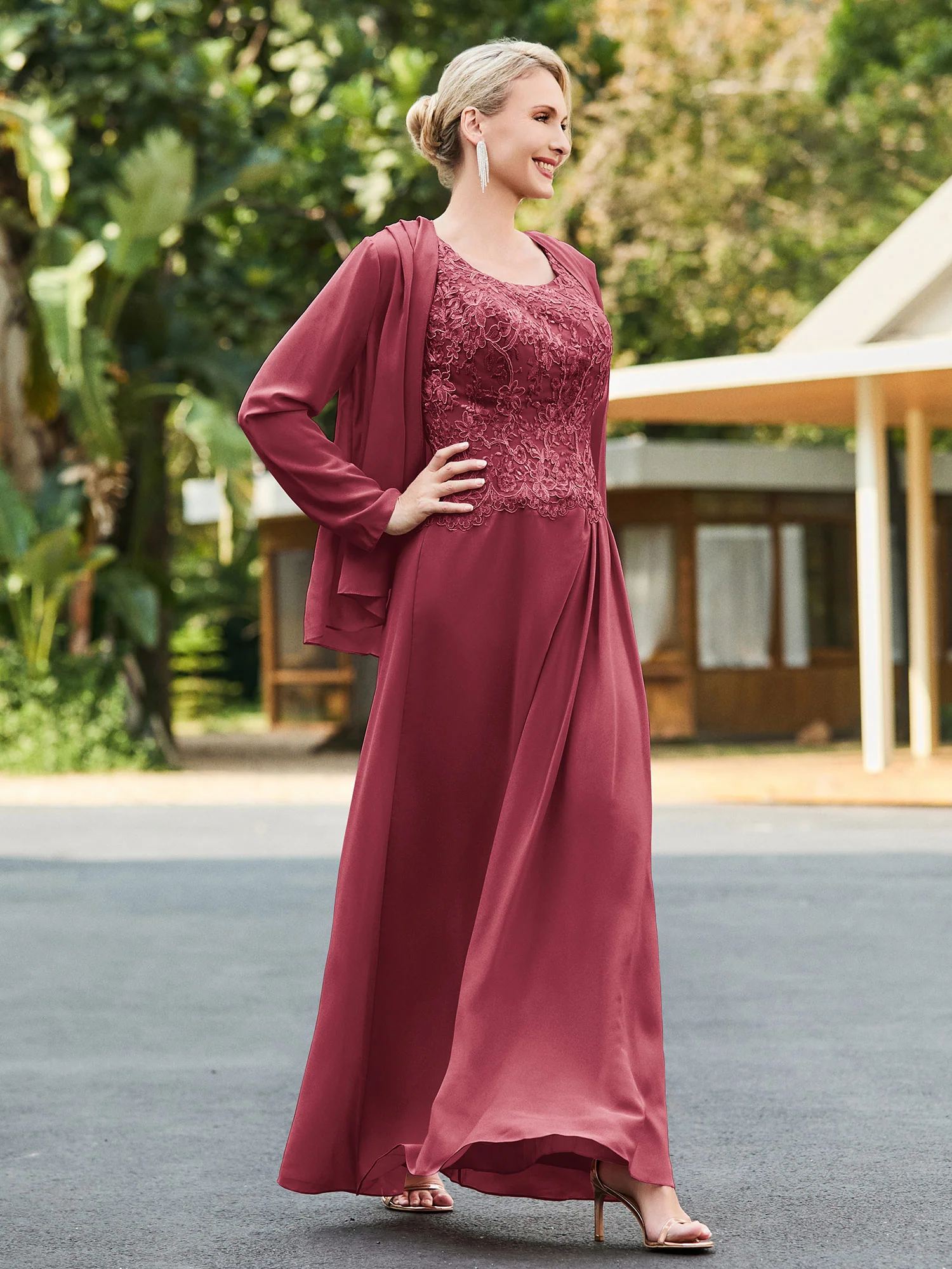 Sleeveless Lace Appliqued Dress with Jacket Cinnamon Rose - Image 3