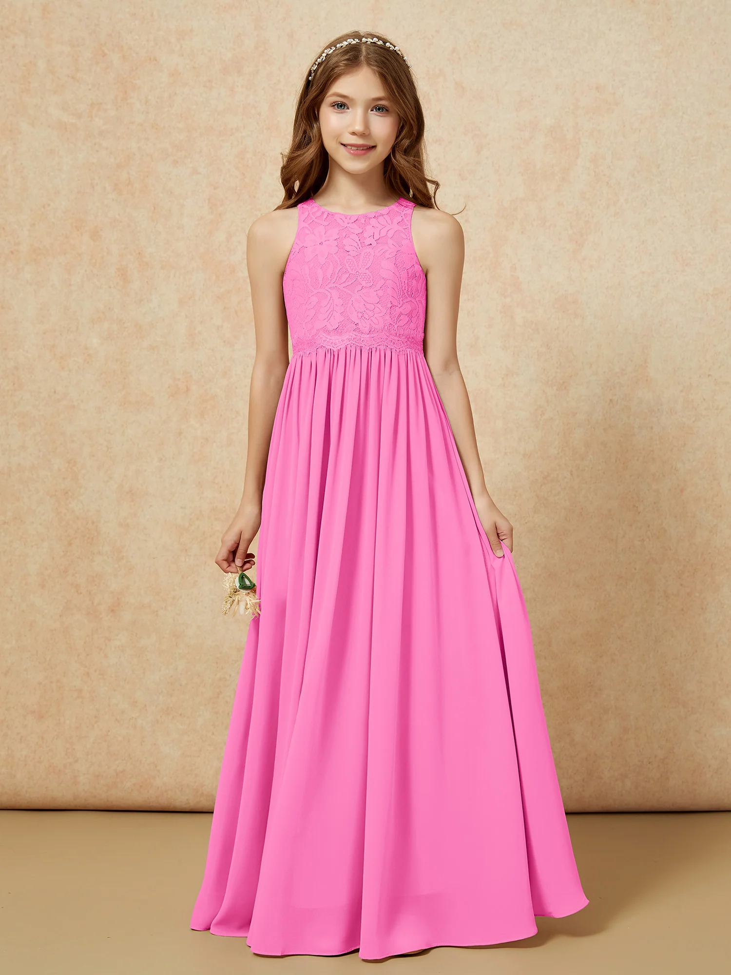 Sleeveless Lace Chiffon A-line Junior Bridesmaid Dress Azalea - Image 2