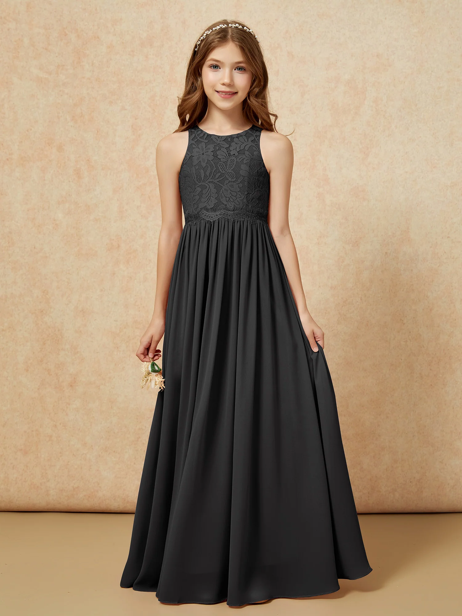 Sleeveless Lace Chiffon A-line Junior Bridesmaid Dress Black