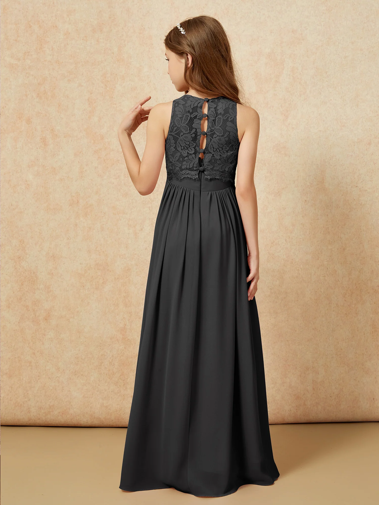 Sleeveless Lace Chiffon A-line Junior Bridesmaid Dress Black - Image 2