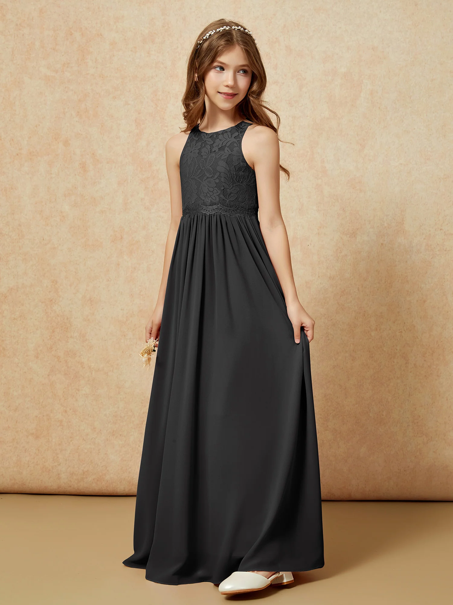 Sleeveless Lace Chiffon A-line Junior Bridesmaid Dress Black - Image 3