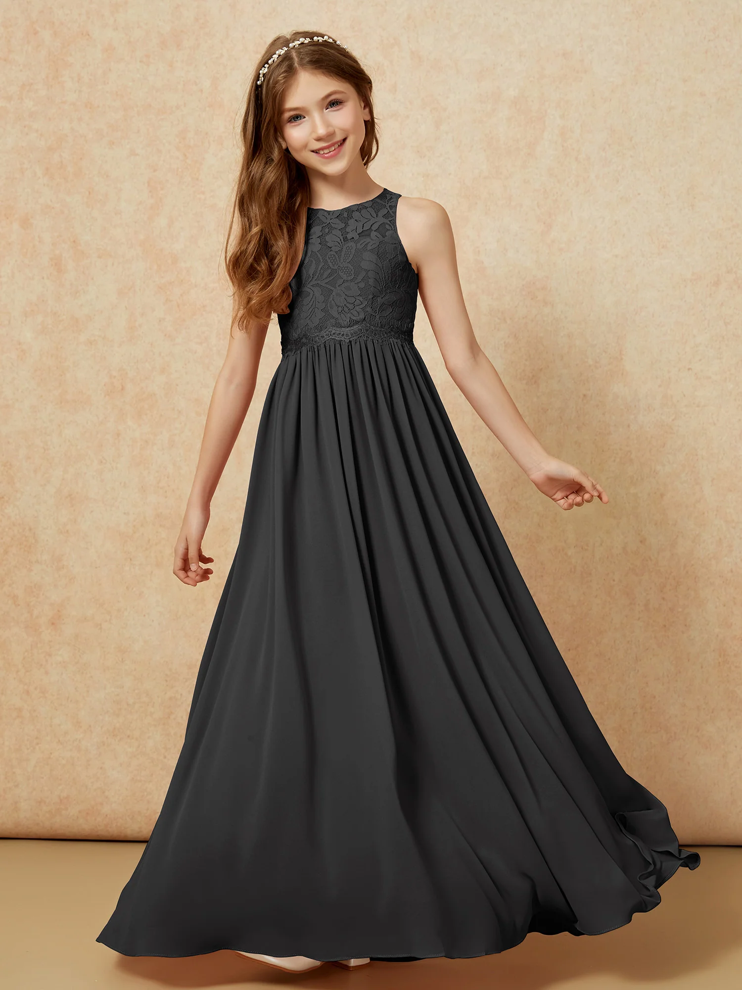 Sleeveless Lace Chiffon A-line Junior Bridesmaid Dress Black - Image 4