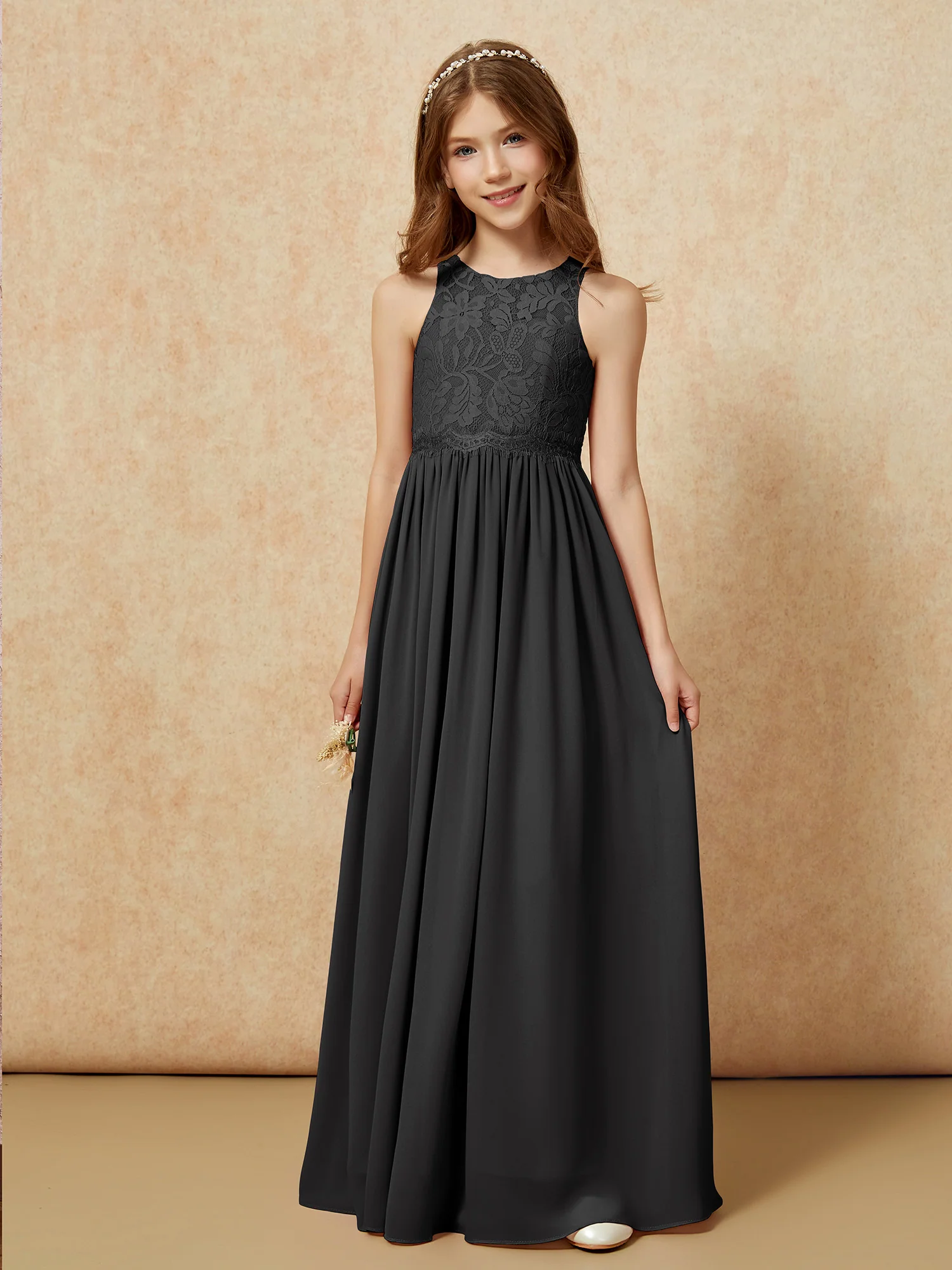 Sleeveless Lace Chiffon A-line Junior Bridesmaid Dress Black - Image 6