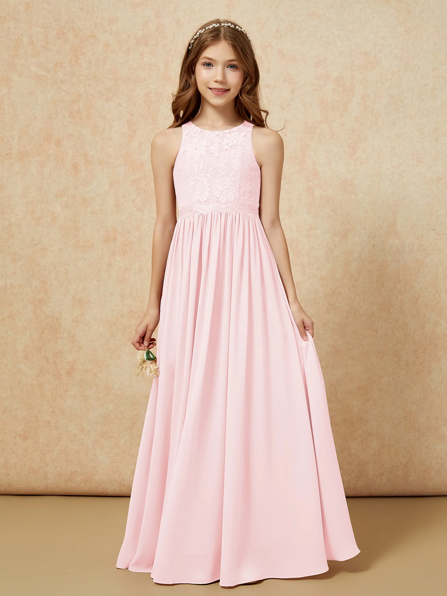 Sleeveless Lace Chiffon A-line Junior Bridesmaid Dress Blushing Pink