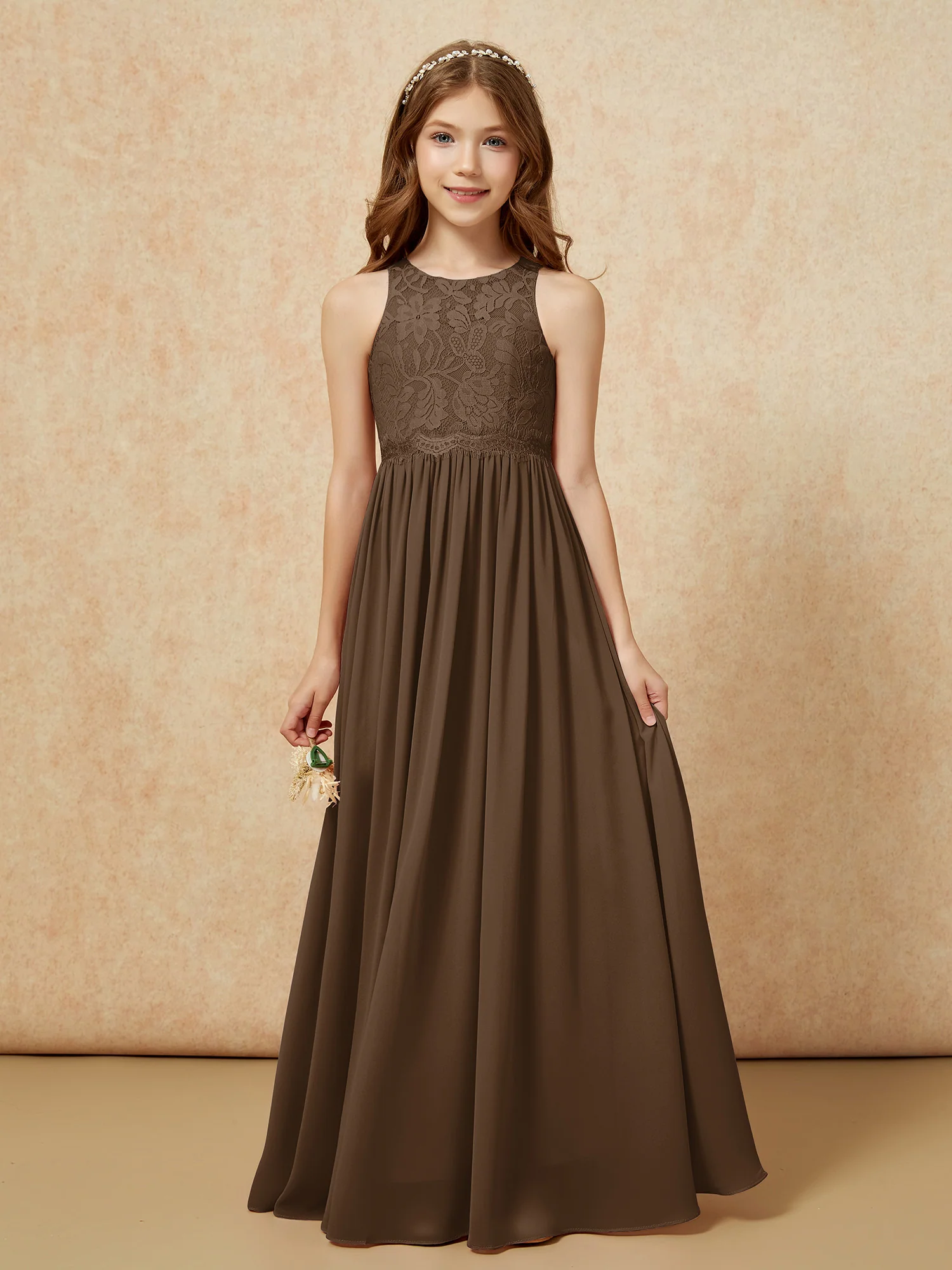 Sleeveless Lace Chiffon A-line Junior Bridesmaid Dress Brown
