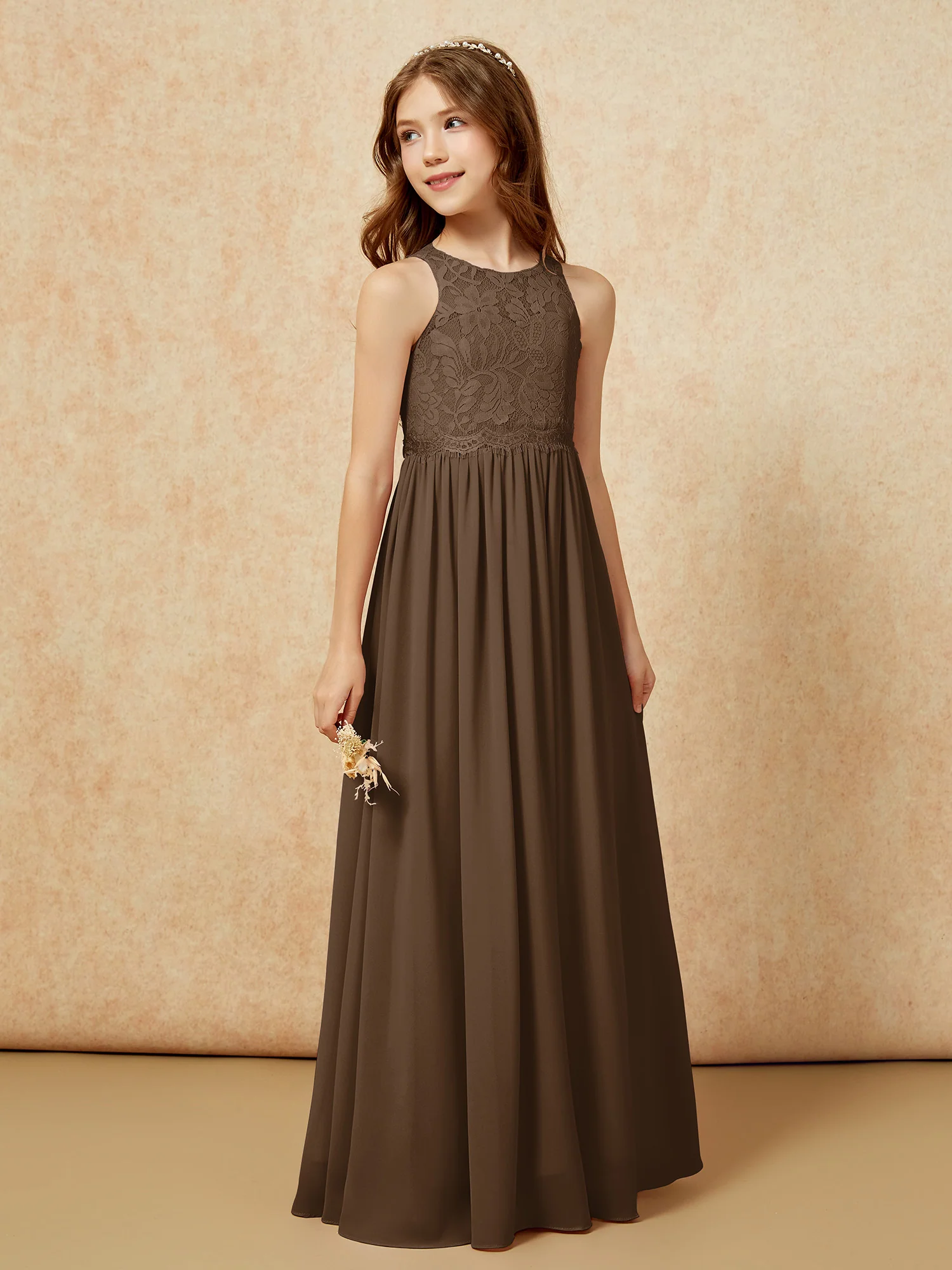 Sleeveless Lace Chiffon A-line Junior Bridesmaid Dress Brown - Image 5