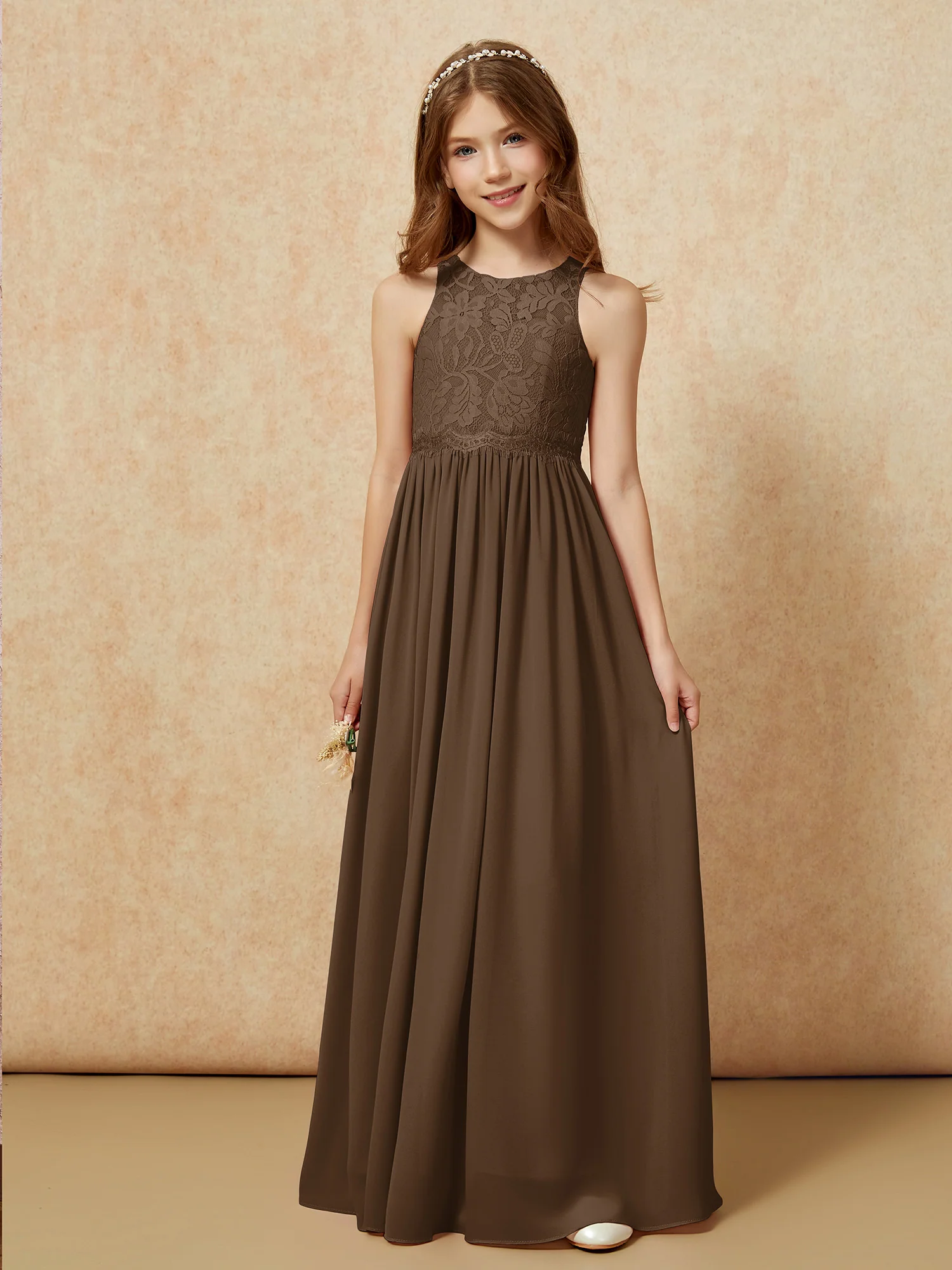 Sleeveless Lace Chiffon A-line Junior Bridesmaid Dress Brown - Image 6