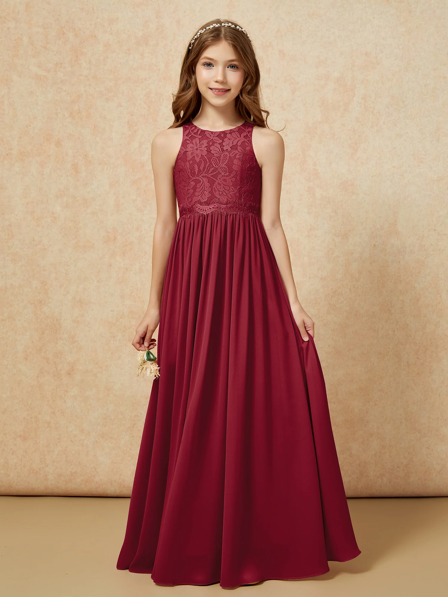 Sleeveless Lace Chiffon A-line Junior Bridesmaid Dress Burgundy