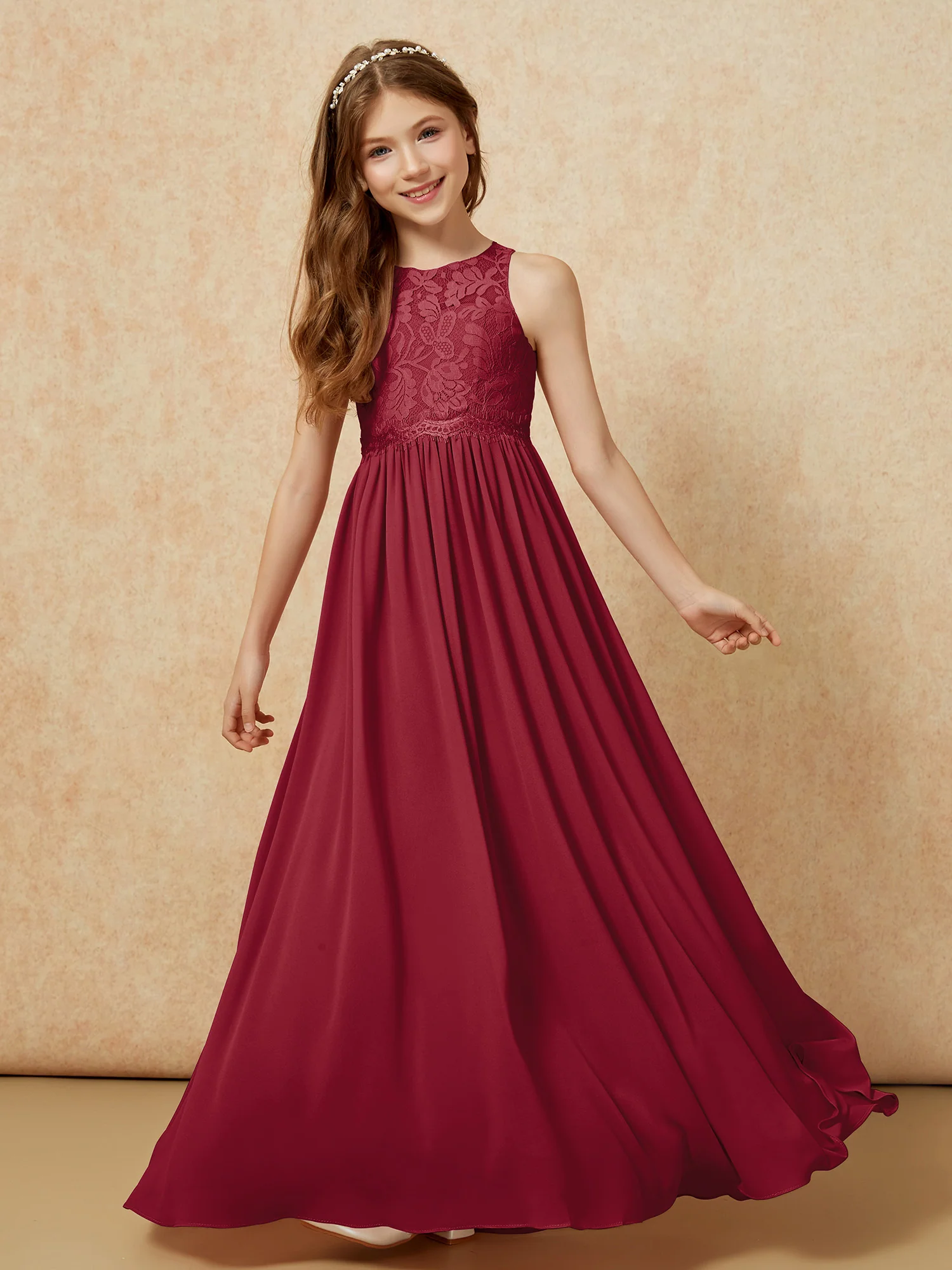 Sleeveless Lace Chiffon A-line Junior Bridesmaid Dress Burgundy - Image 4