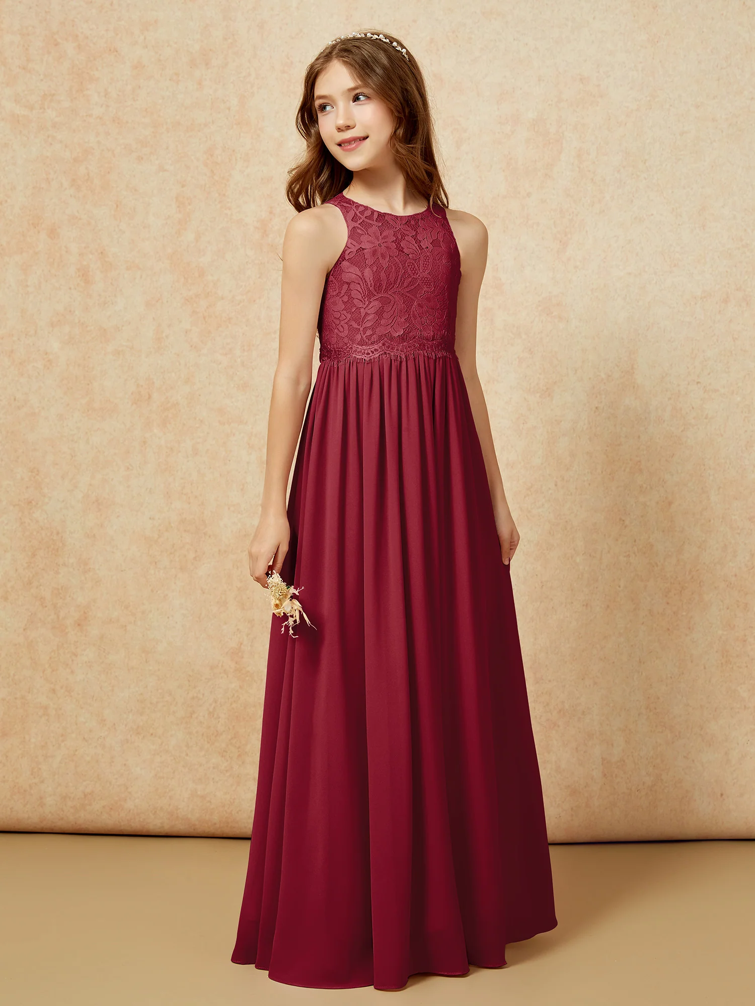 Sleeveless Lace Chiffon A-line Junior Bridesmaid Dress Burgundy - Image 5